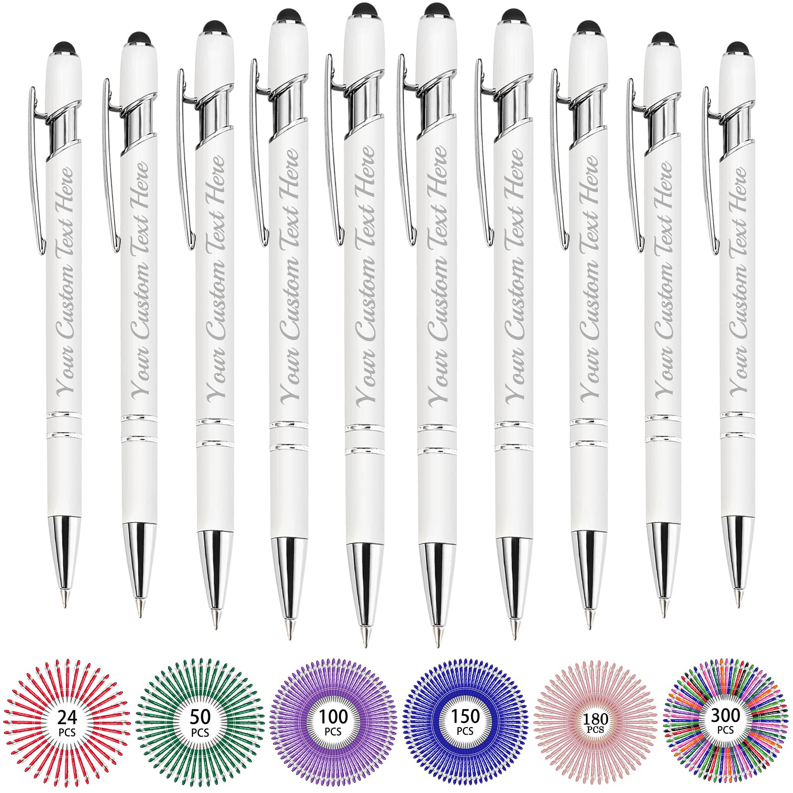 Up to 500 Bulk Custom Pens Personalised Engraved Laser Ballpoint Promotional Pens with Names Stylus Tip Retractable Black Ink Pen for Women Men Wedding Christmas 150 Pcs