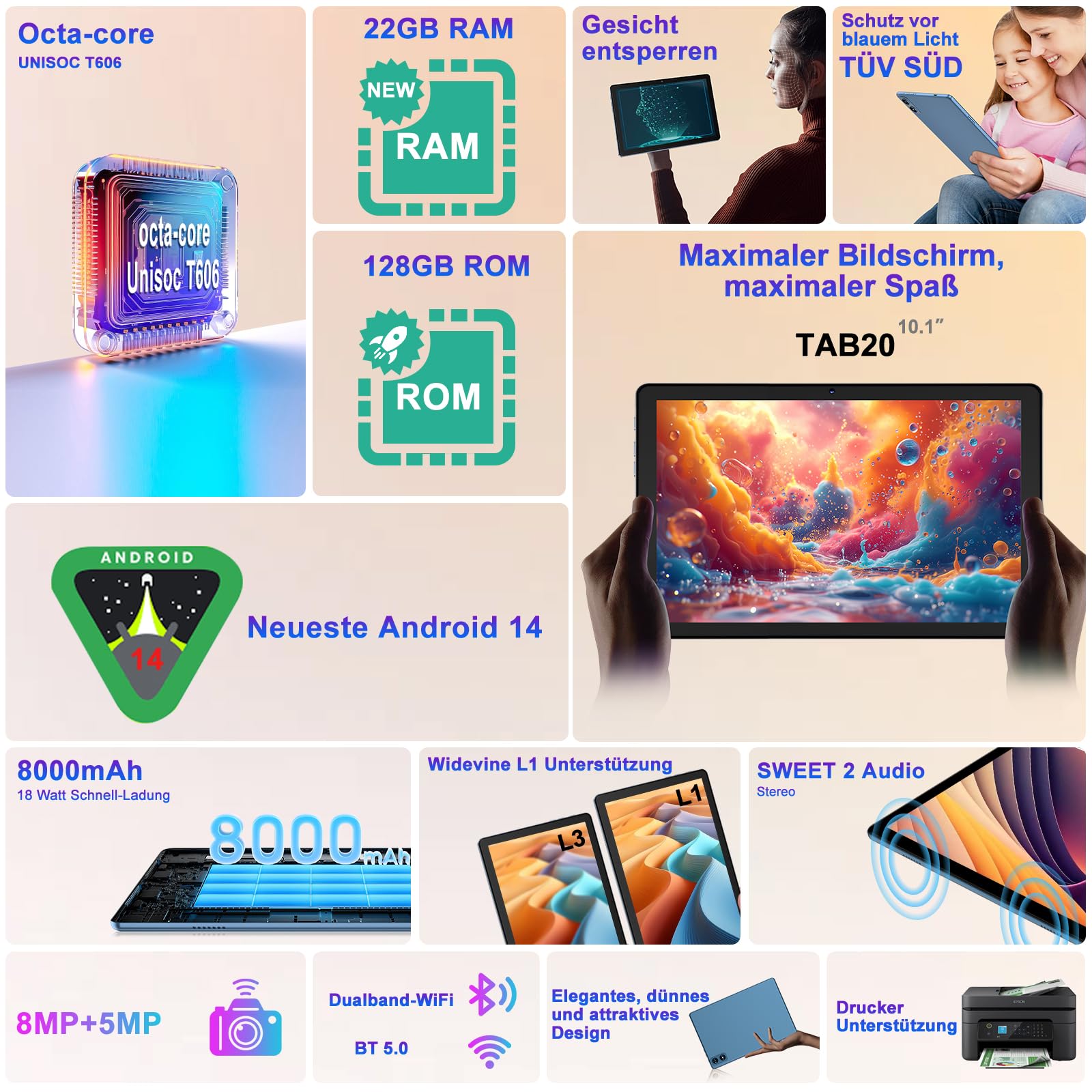 2025 Newest Tablet 10 pollici Android 14, 22GB RAM+128GB ROM/TF 1TB, 8-core 2.0GHz, 8000mAh, Corpo in Metallo, Doppio WiFi, GPS, BT5.0, 8MP+5MP, Widevine L1, Con Tastiera e Mouse, Blu