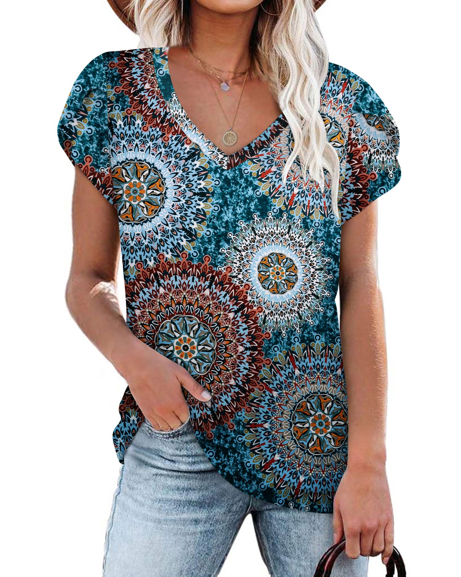 NARRAME Damen T-Shirt V-Ausschnitt Tops Sommer Freizeit Strand Oberteile | Tshirt Damen Blütenblatt Ärmel ,Shirts Damen Sommer,Kurzen Ärmeln Tunika,sommerbluse damen leicht und luftig