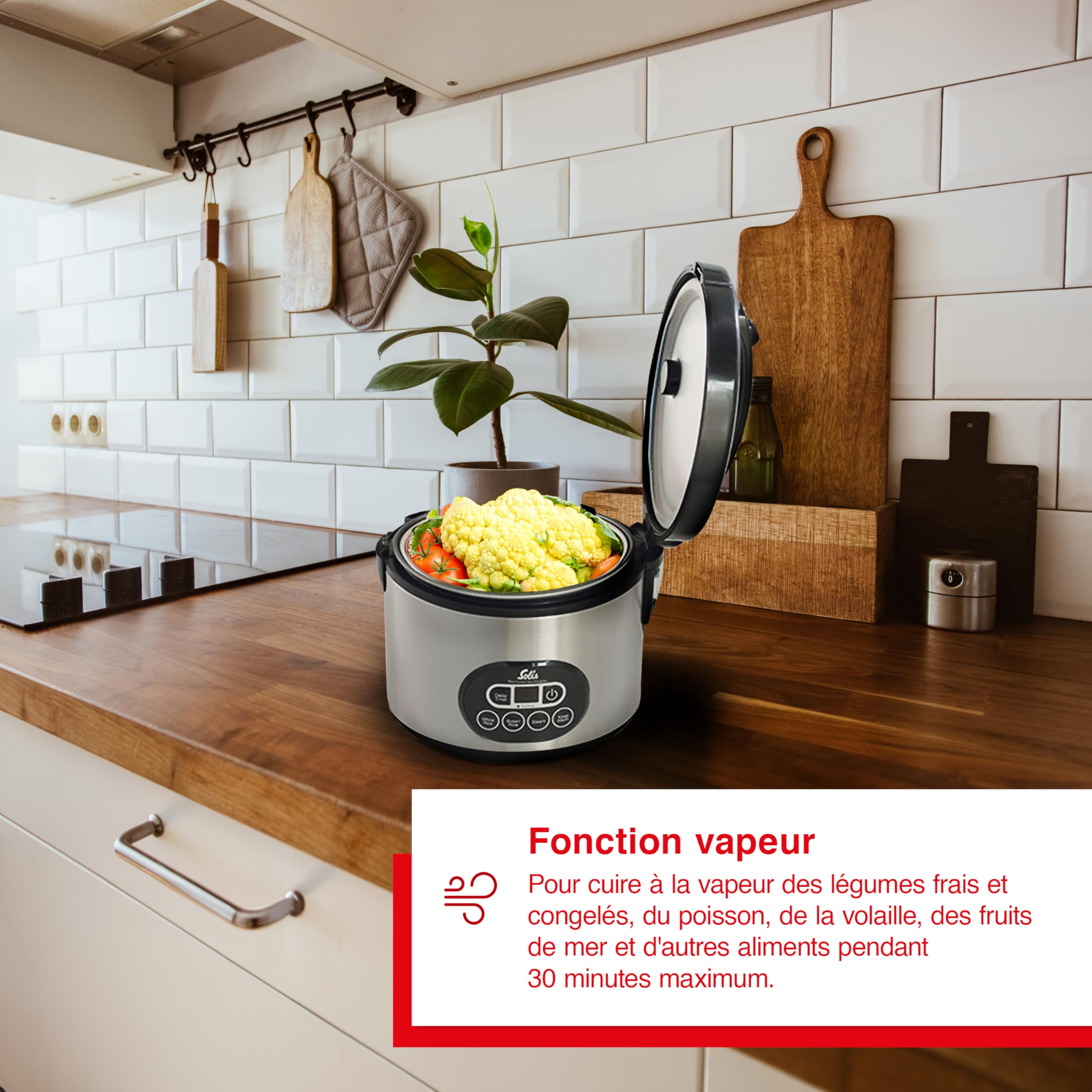 Solis Rice Cooker Duo Program Cuiseur à riz et cuiseur vapeur pour 6 tasses de riz – Convient également pour sushi riz – Minuteur – Fonction maintien au chaud – Avec verre doseur + louche – 1,2 l