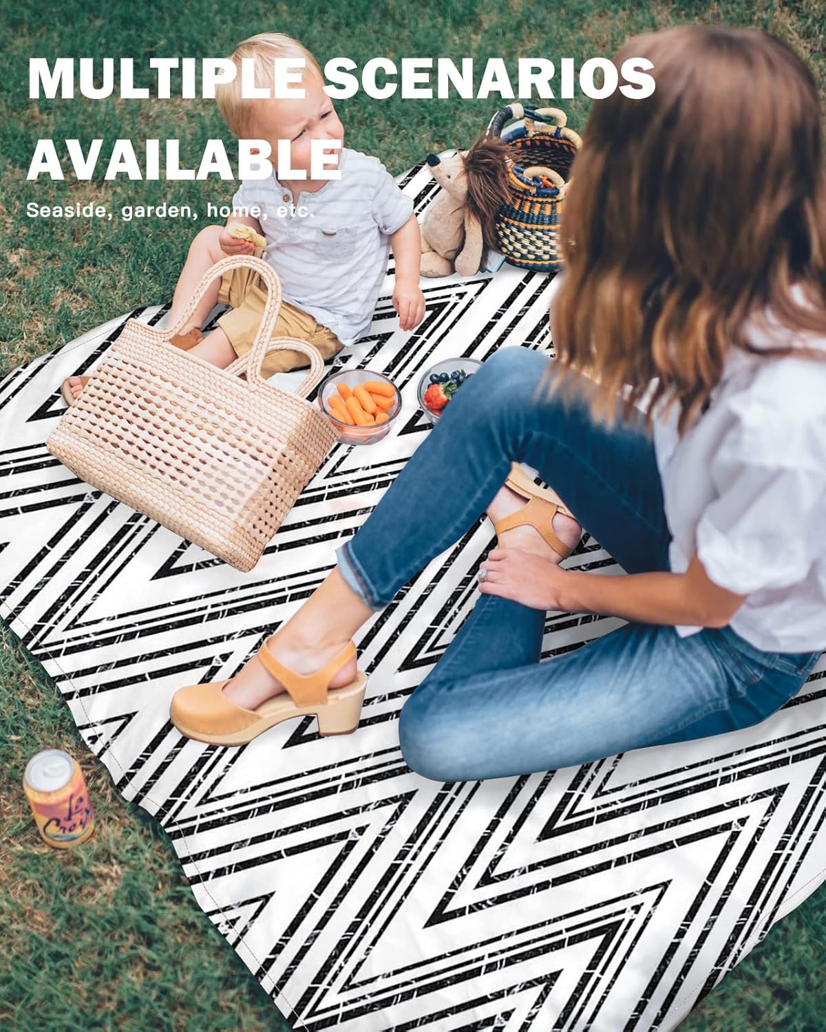 Abstract Geometric Ripple Beach Blanket Waterproof Sandproof Outdoor Picnic Mat 108"x84" Black and White Lightweight Large Beaach Blankets with 4 Stake & 4 Corner Pockets