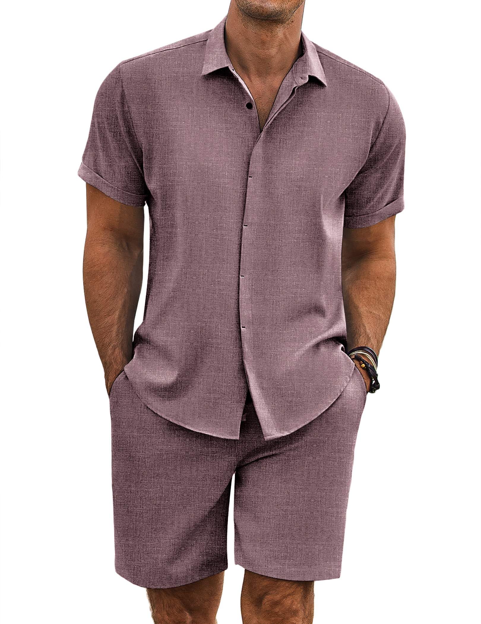 COOFANDY Men's Summer Beach Outfits 2 Piece Short Sleeve Shirts and Shorts Vacation Texture Linen Sets for Men