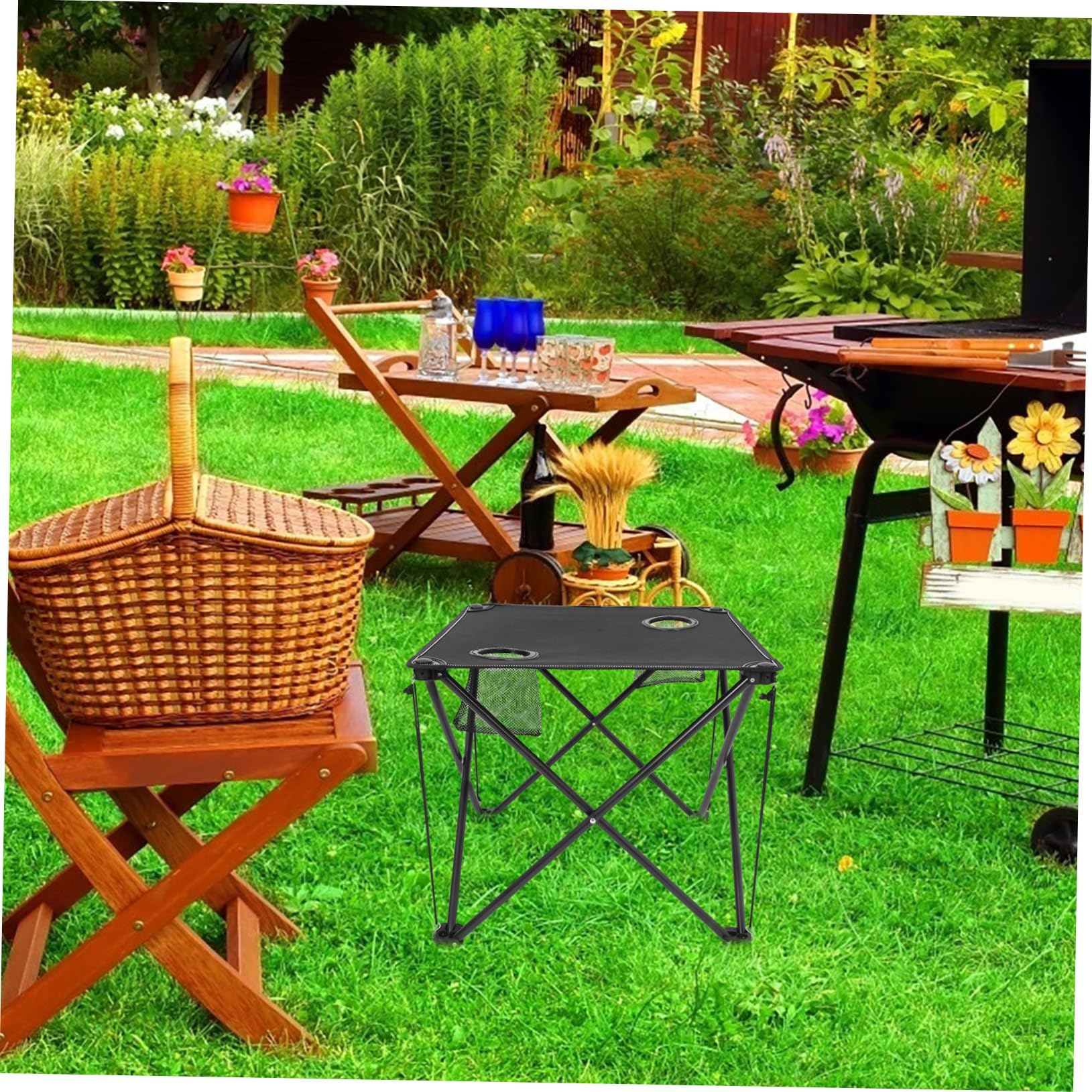ibasenice Table de Camping Pliante Portable, Tissu Oxford Noir, Structure en Fer, 2 Poches Porte-gobelets, pour Pique-niques et Activités en Plein Air