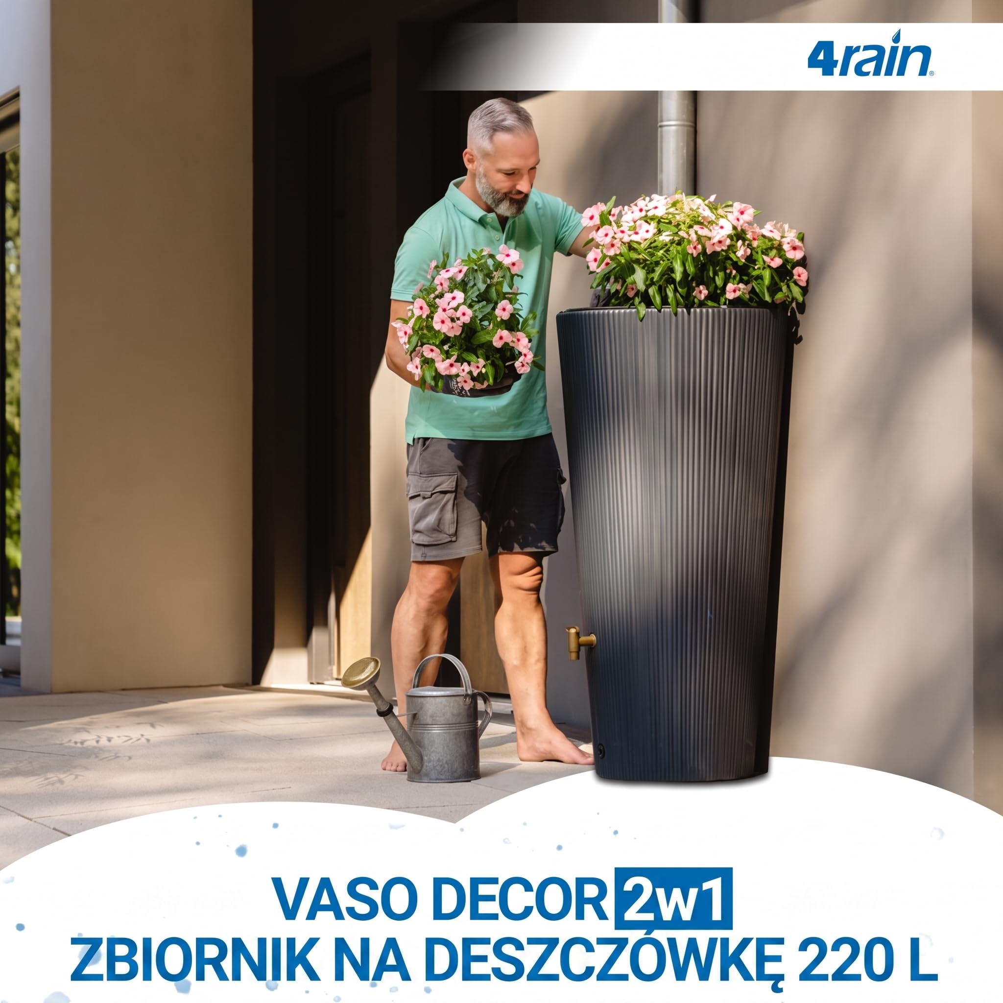 4rain VASO DECOR 2w1 zbiornik na deszczówkę 220 l, graphite grey | z misą na rośliny