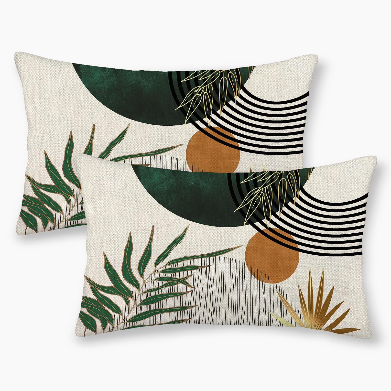Boho Pillow Covers 12x20 Set of 2 Green Gold Throw Pillow Covers Outdoor Decorations Mid Century Bohemian Style Tropical Leaves Pillowcase Farmhouse