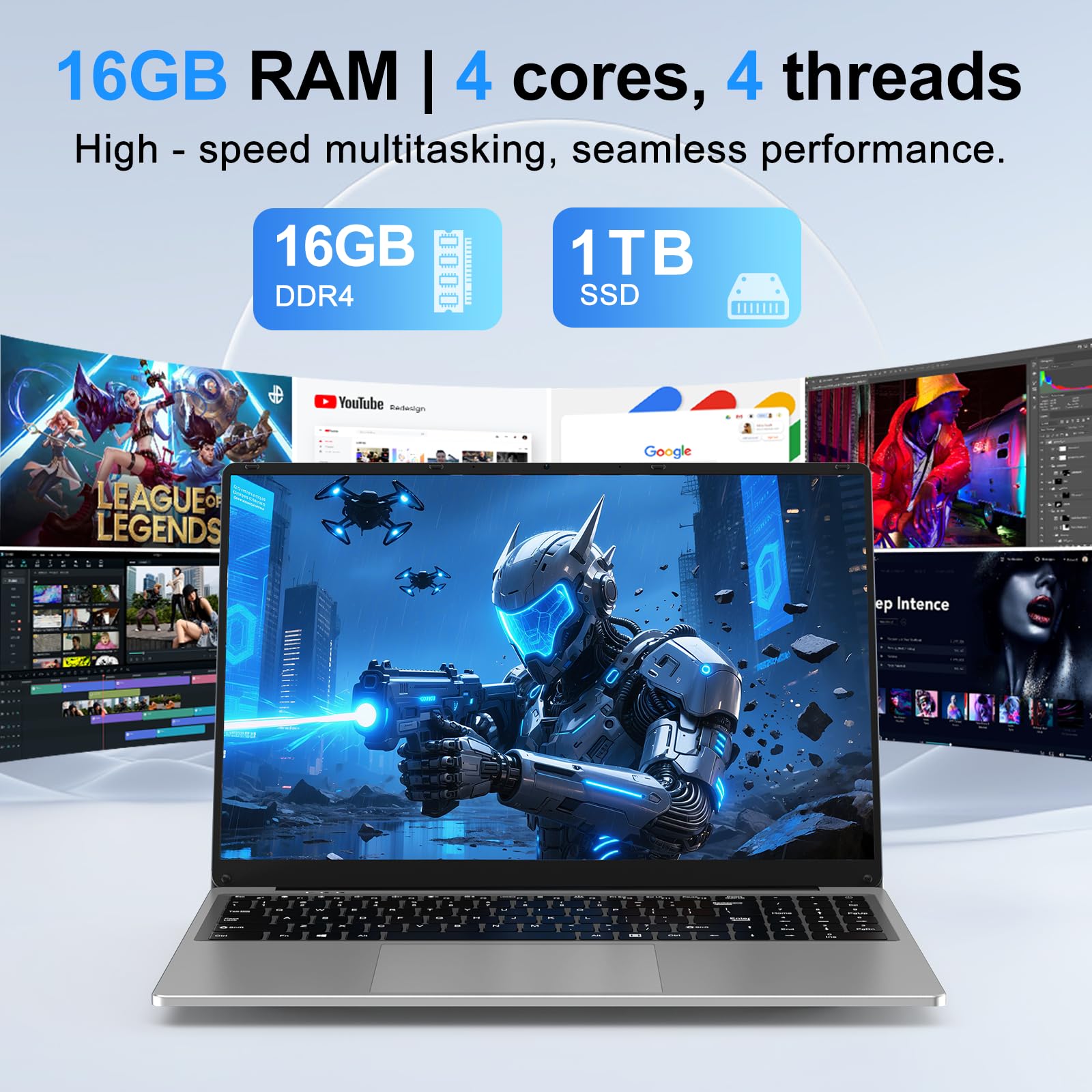 CHIFUYOU Laptop 16" N150 3,6GHz – 16GB RAM, 1TB SSD, Win 11 Pro, Batteria 6000mAh, Tastiera Retroilluminata – Grigio
