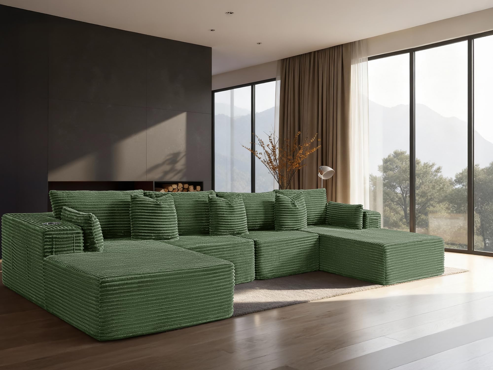 138" Cloud Sectional Couch, Comfort U Shaped Sofa for Living Room, Extra Deep Seats No Assembly, Minimalist Modular Couch, Corduroy (Olive Green, 6 Seats,U-Shape C)