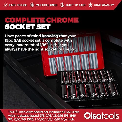 Miniatura 2 de Olsa Tools Juego de llaves profundas SAE - 12 pulgadas, 18 piezas - 6 puntas cromadas de 38" a 1-14" y tamaños sin omitir - Juego de llaves de vaso
