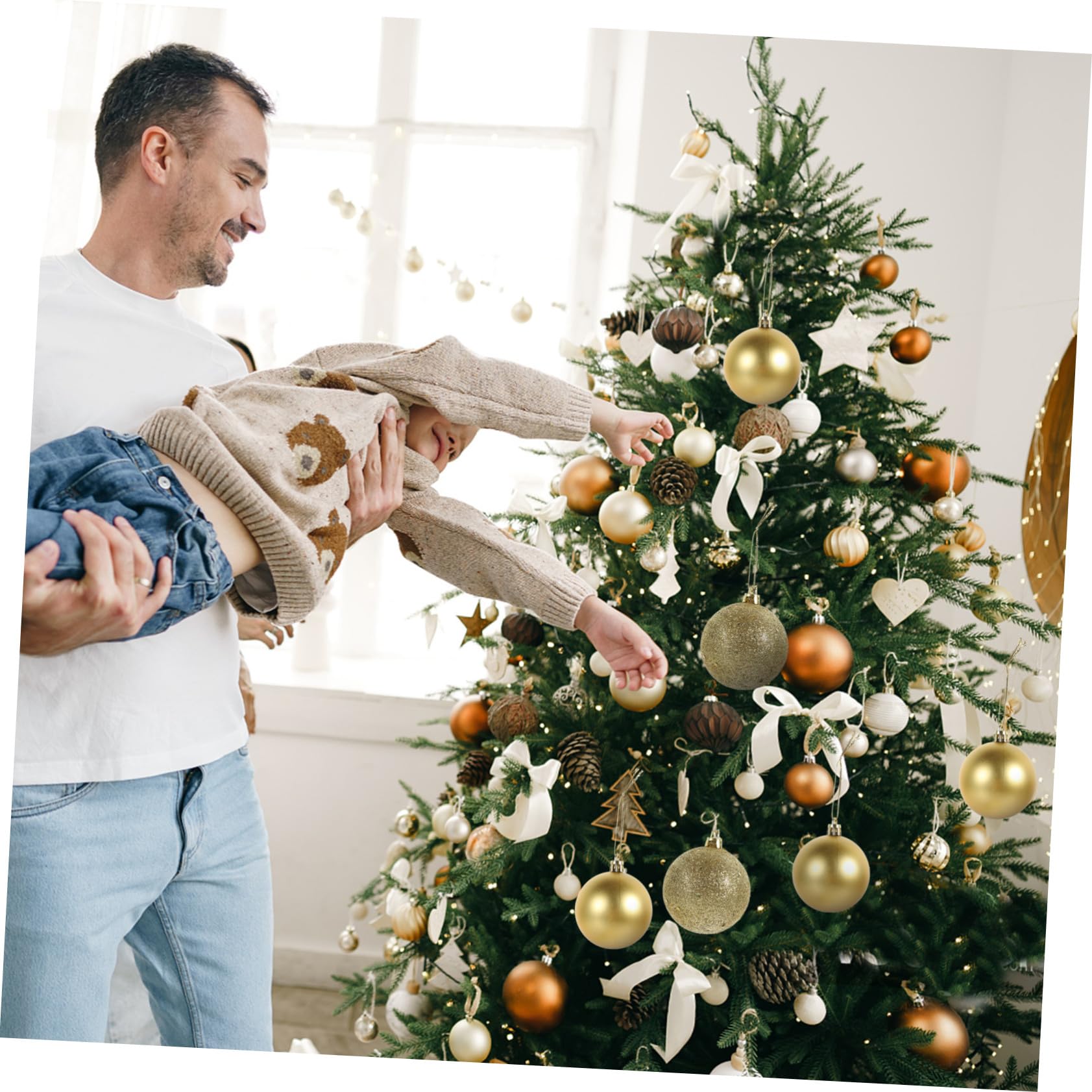Ipetboom Caja 100 Bolas Navideñas Colgantes de Plástico Dorado para Adorno del Árbol de Navidad, Accesorios Creativos para Fiestas y Escenas Festivas