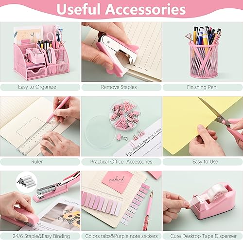 Miniatura 4 de Fayoo Juego de 11 piezas de suministros de oficina rosa de malla, organizador de escritorio, kit de accesorios que incluye grapadora, dispensador de