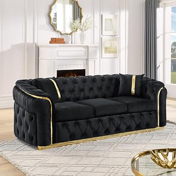 WinJoy 90.6" Luxury Sofa for Living Room, Velvet Chesterfield Modern Tufted 3-Seater Couches for Living Room with Gold Steel Trim & 2 Pillows, Luxury Couch 1PCS, Black