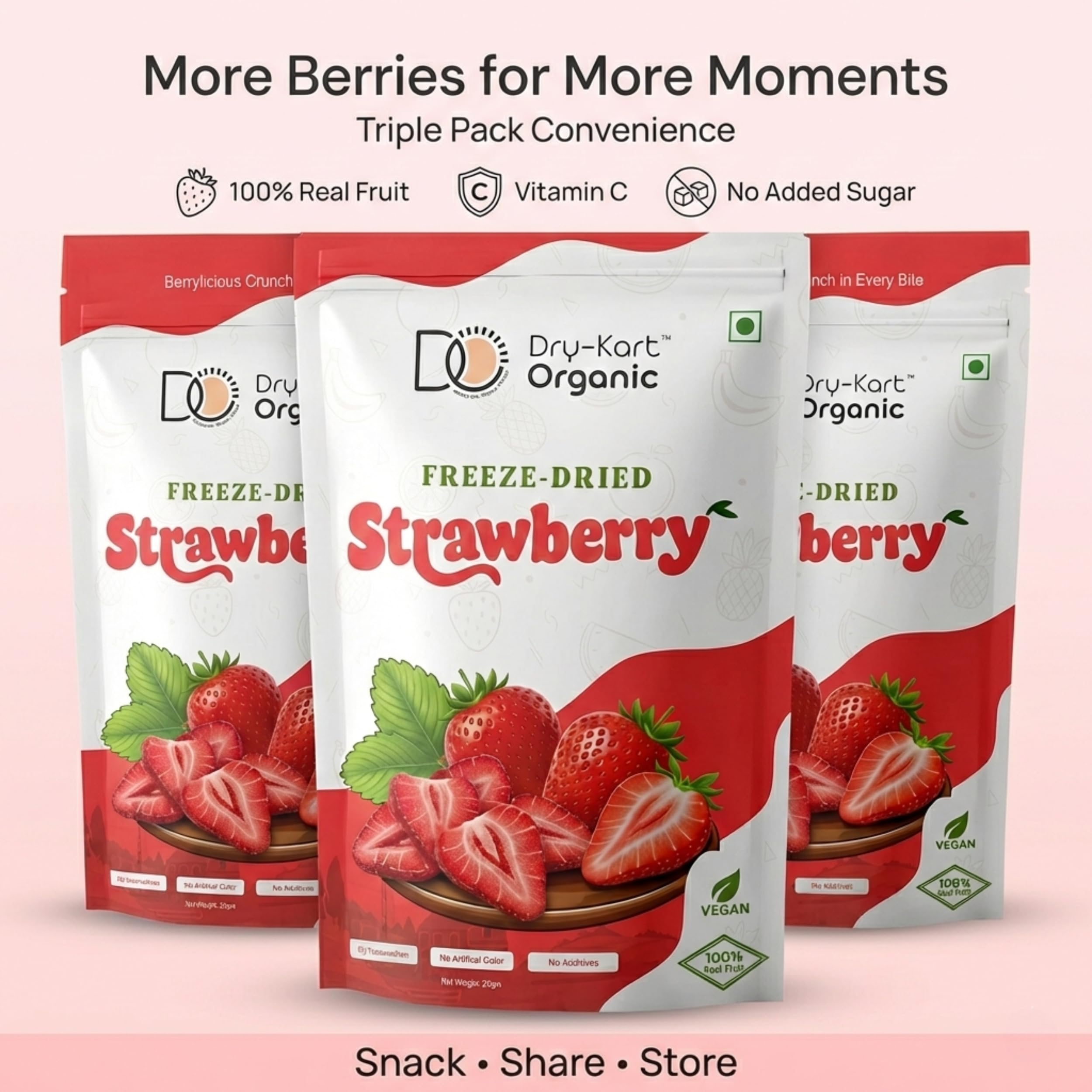 strawberry_very Dry-Kart Organic Freeze Dried Strawberry Snack Pack of 3 | Crunchy