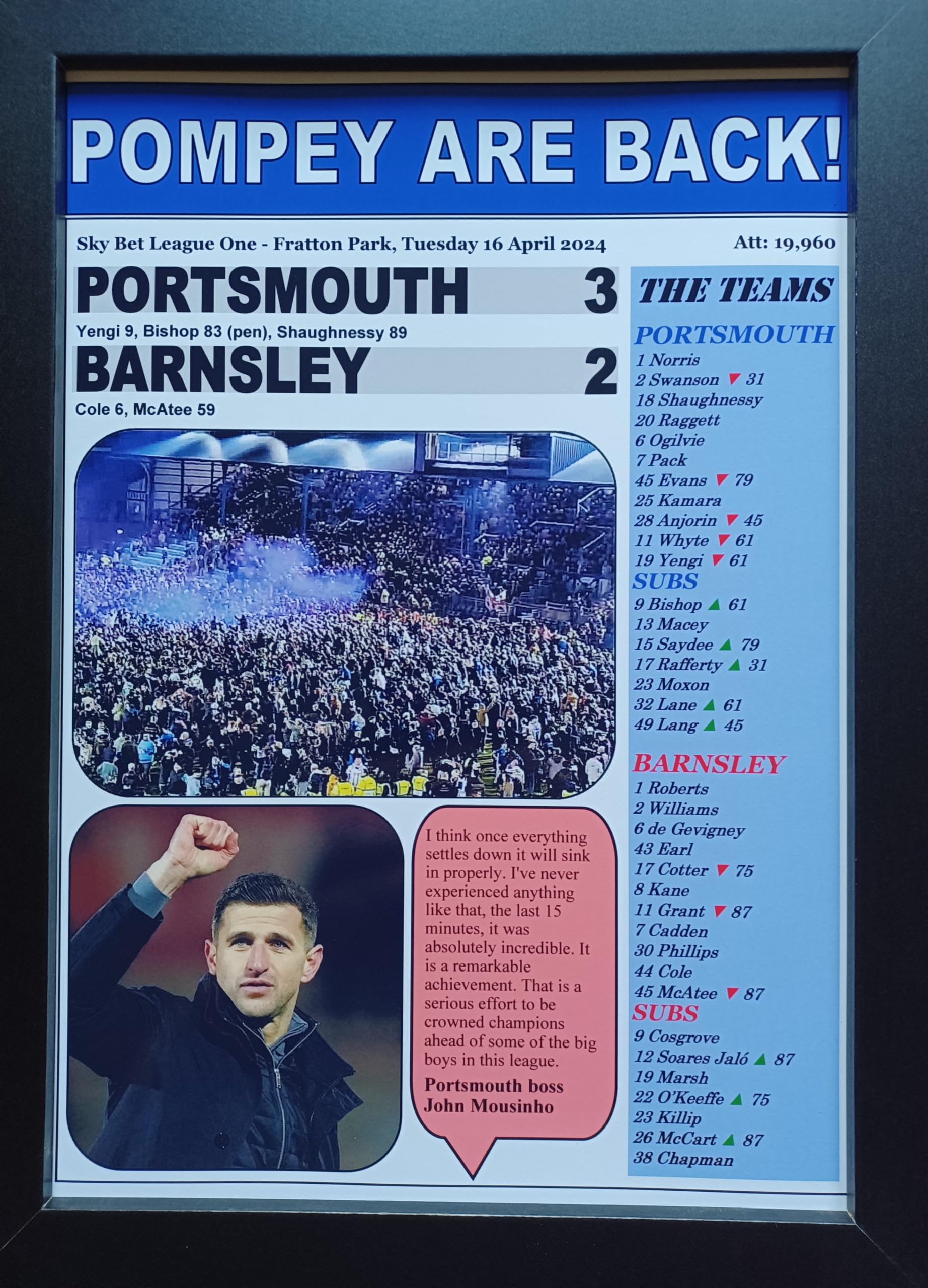 Assorted Multicoloured Portsmouth 3 Barnsley 2-2024 League One Champions - Framed Print