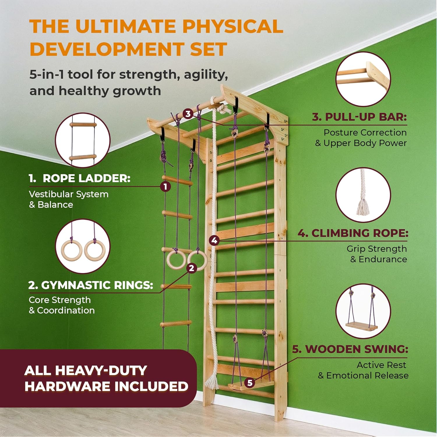 WEDANTA Wooden Swedish Ladder Wall Set – Kids Stall Bars for Exercise – Kids Swedish Gymnastic Wall Gym – Wood Stall Bar Gymnastics Playground – Best Gym for All Family