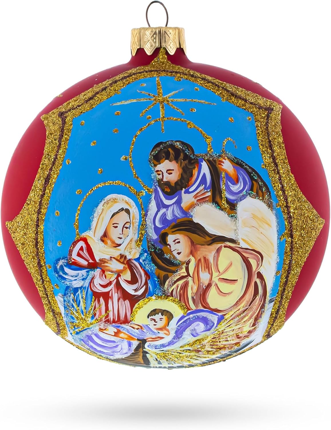 Divine Angel & Holy Family Admiring Jesus Nativity Glass Ball Christmas Ornament 4 Inches