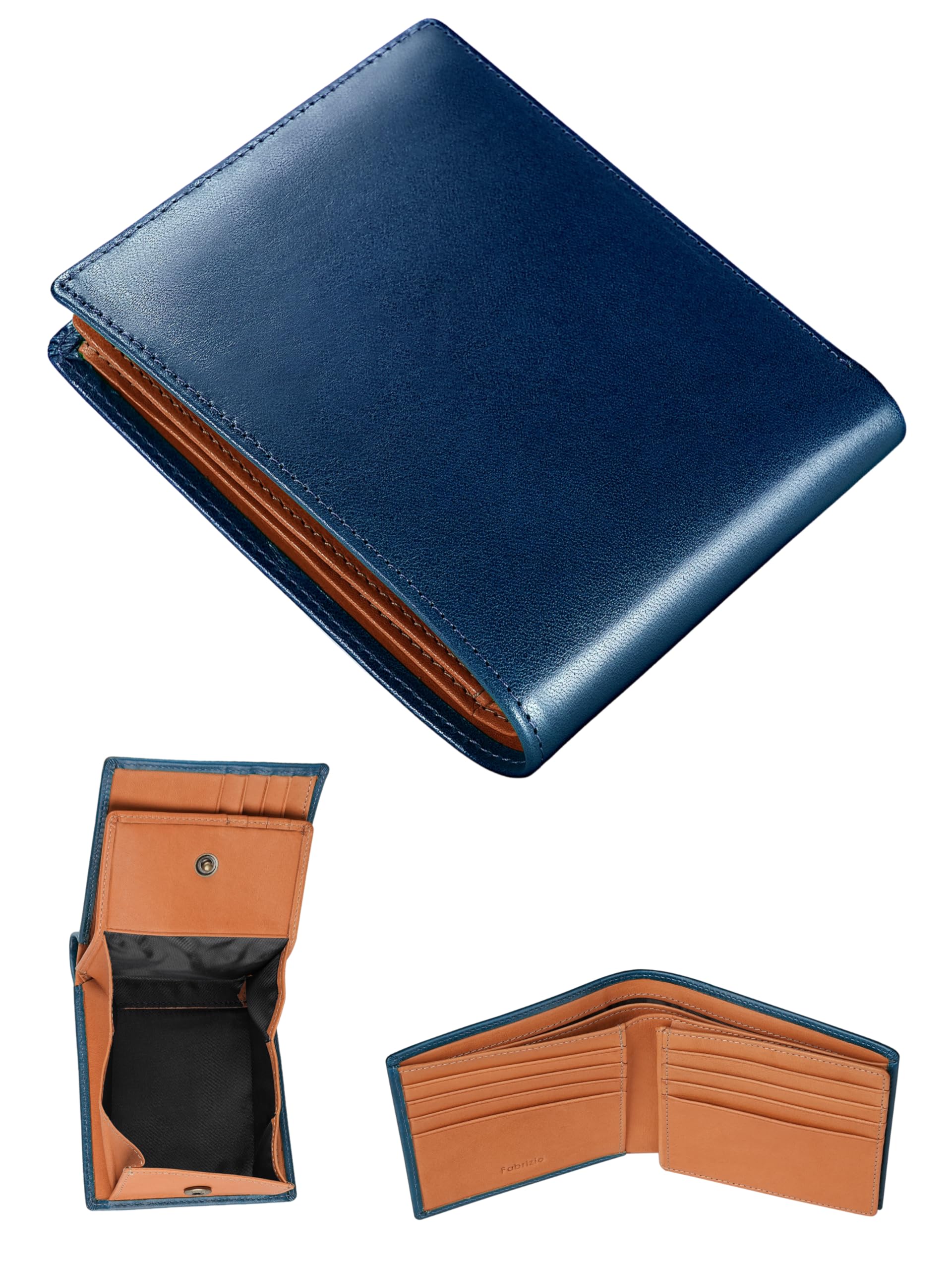 Fabrizio Men's Bifold Wallet Box Type Coin Purse Men's Wallet Thin Soft Easy to Use Italian Leather Made by Top-Class Leather Artisans Large Capacity Genuine Leather, Shine Blue : Clothing, Shoes & Je