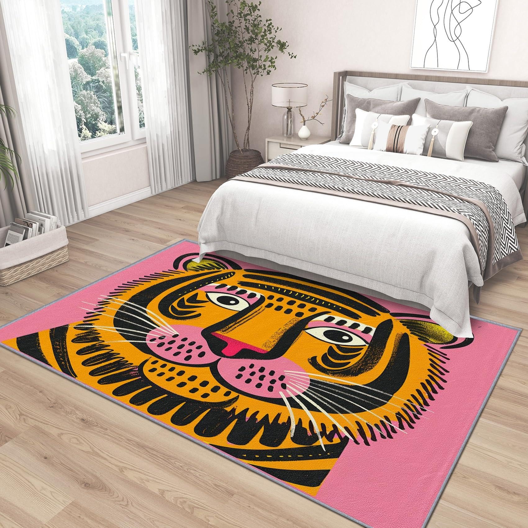 Dywaniki z motywem tygrysa do sypialni, dywan z motywem tygrysa, 150 x 180 cm, różowy, kreskówka, uroczy dywan z motywem dzikiej przyrody, dla dzieci, kawaii, zwierzę, duży dywan do salonu,