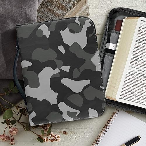 Miniatura 6 de Funda de piel de camuflaje negra para Biblia para hombres con soporte para bolígrafo, organizador protector de la Biblia de camuflaje, bolsa de