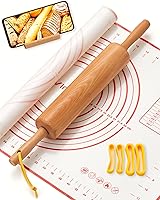 Vinoil 17" Classic Beech Wood Rolling Pin Set with Silicone Mat, Adjustable Thickness Rings & Wood Phone Stand Base for Pizza, Cookies, Pasta
