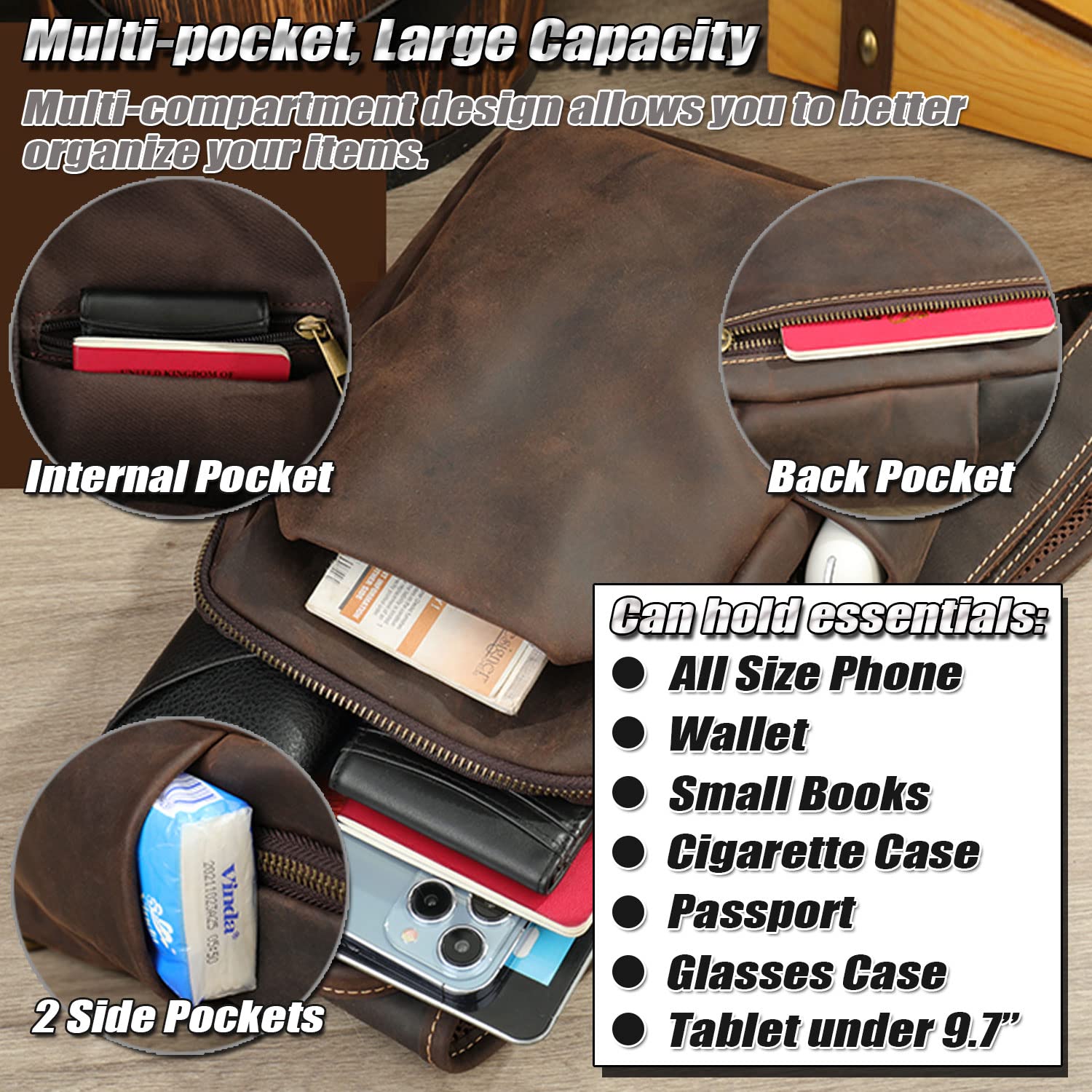 Zaino Monospalla Classico Uomo in Vera Pelle, Borsa a Tracolla Casual da Viaggio, Zainetto a Spalla da Uomo, Borse da Petto Vintage per Tablet da 10,5 Pollici