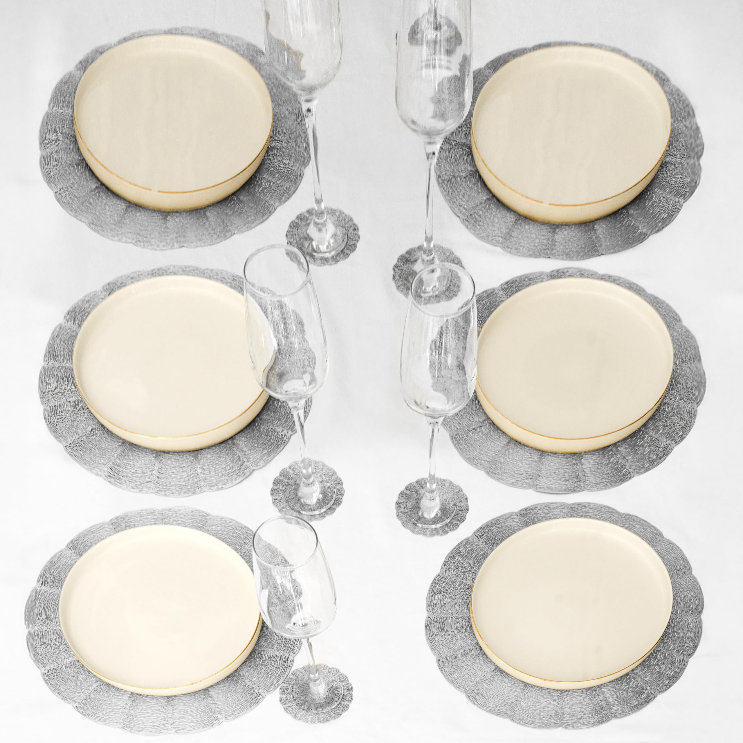 Marco Paul Extra Large Silver Placemats And Coasters 12pc Set - Washable Table Placemats - Non Slip Round Woven Place Mats for Tables - Heat Resistant Table Mats for Kitchen Dining Tables