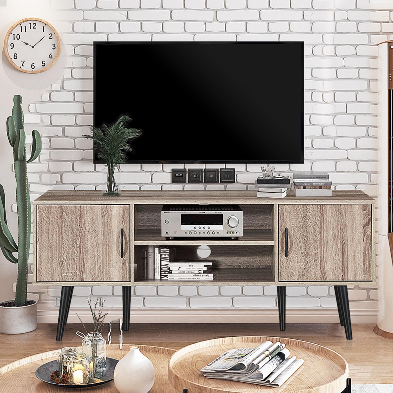 COSTWAY Mobile Porta TV Moderno, Supporto per TV con 2 Armadietti, Mensola Aperta, per TV fino a 65 Pollici, per Salone, Camera da letto, Corridoio, 147 x 39,5 x 62 cm