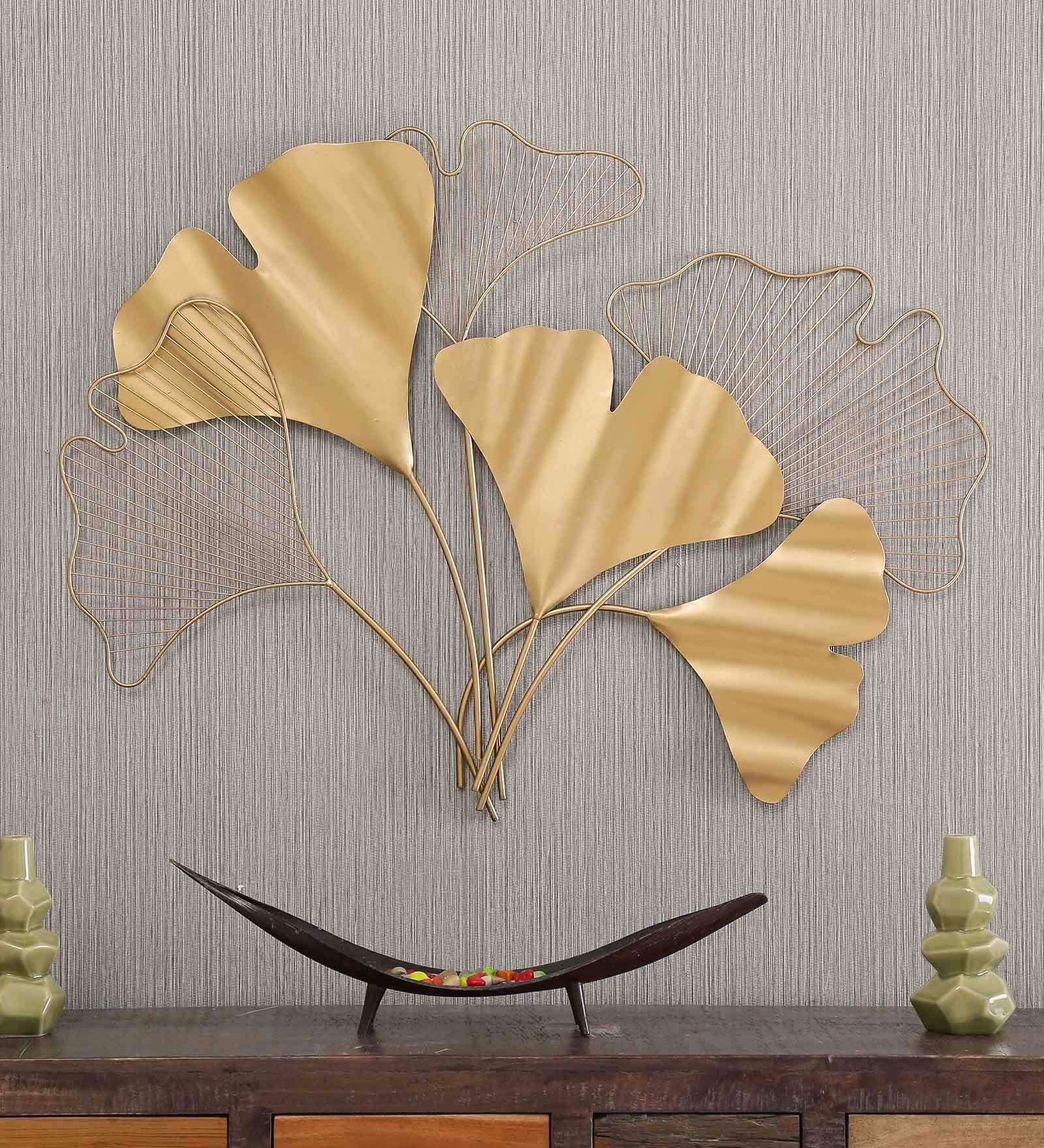 vedas Exports Gold Wrought Iron Bunch Ginko Leaf Wall Art Decor ative Hanging & Sculpture Living Room Decor (Size 40 x 30 inches), Large (9100000018584)