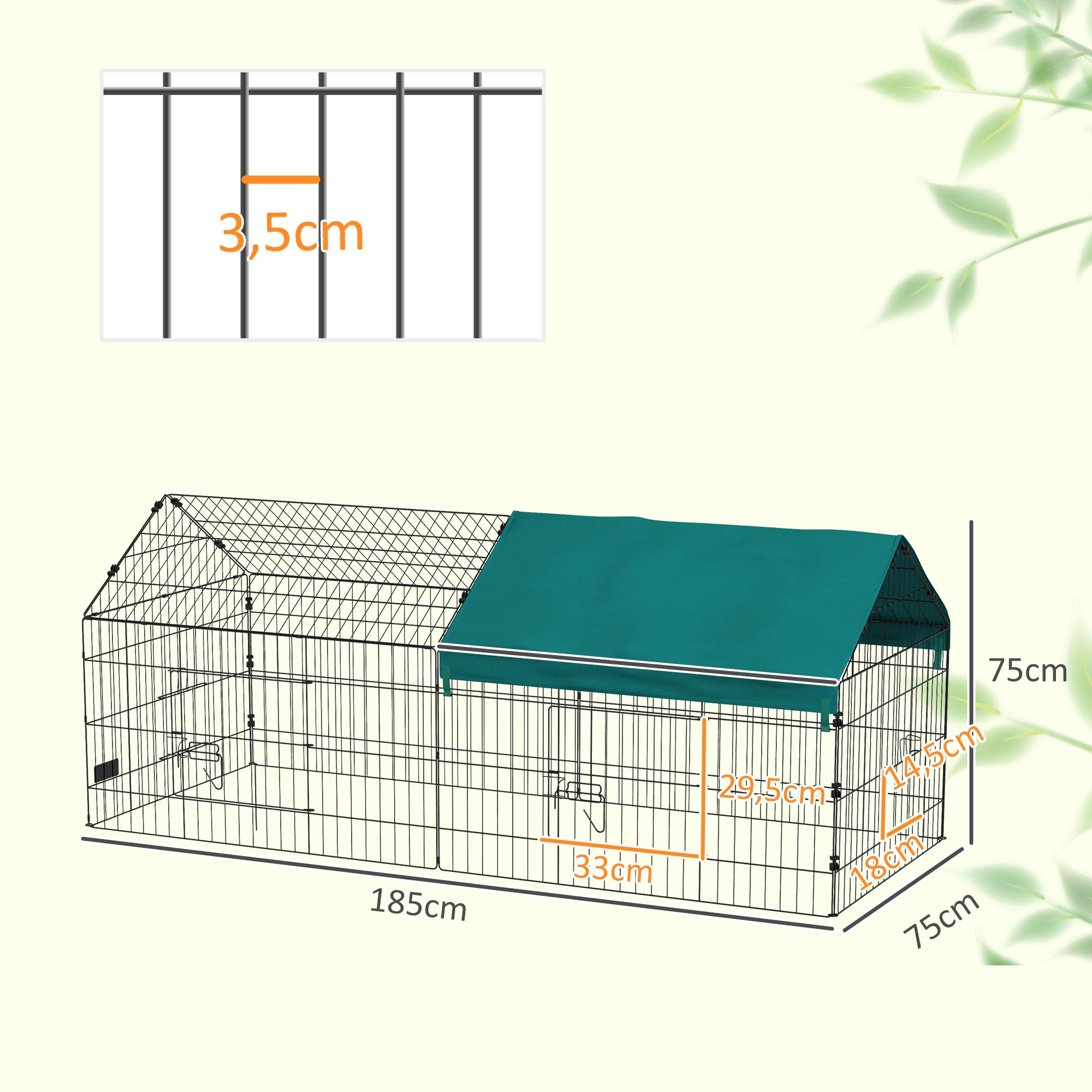 PawHut Jaula para Animales Pequeños Jaula para Roedores de Acero con Puertas y Tela Superior para Conejos Chinchillas Gallinas 185x75x75 cm Verde