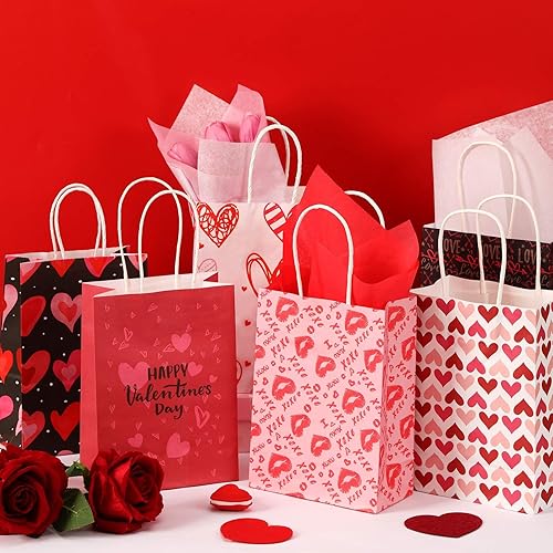 Miniatura 6 de AUGSUN Bolsas de regalo para el día de San Valentín, 24 bolsas de regalo de San Valentín con asas, bolsa de regalo de San Valentín con papel de