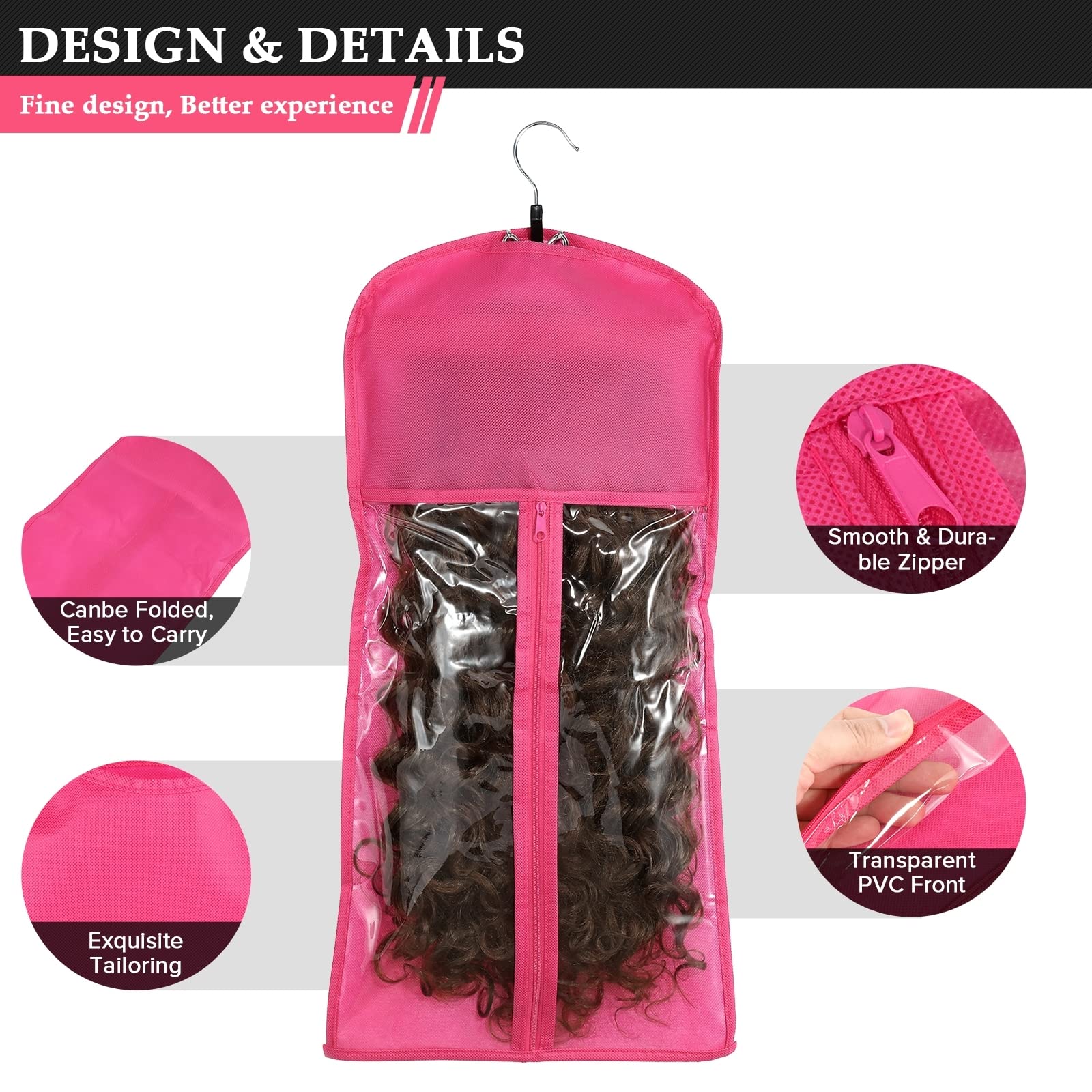 VARIPOWDER 10pcs Hair Extensions Hanger Bags with Wooden Hanger Dust proof Wig Storage Bag Portable Hair Extension Storage Bag Strong Holder Wigs Carrier Bags with Transparent Zip Up Closure -Pink