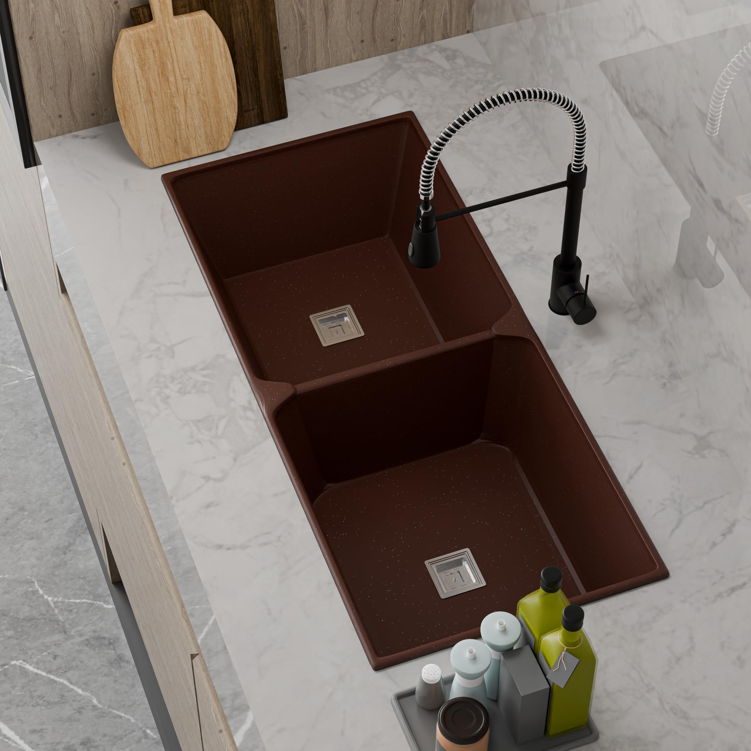 HISRE Double Bowl Quartz Kitchen Sink 45x20x9 Inches | Spacious Deep Basin, Durable Scratch-Resistant, Noise-Reducing, Easy-to-Clean Sink for Modern Kitchens | Brown, photo 3 of 5