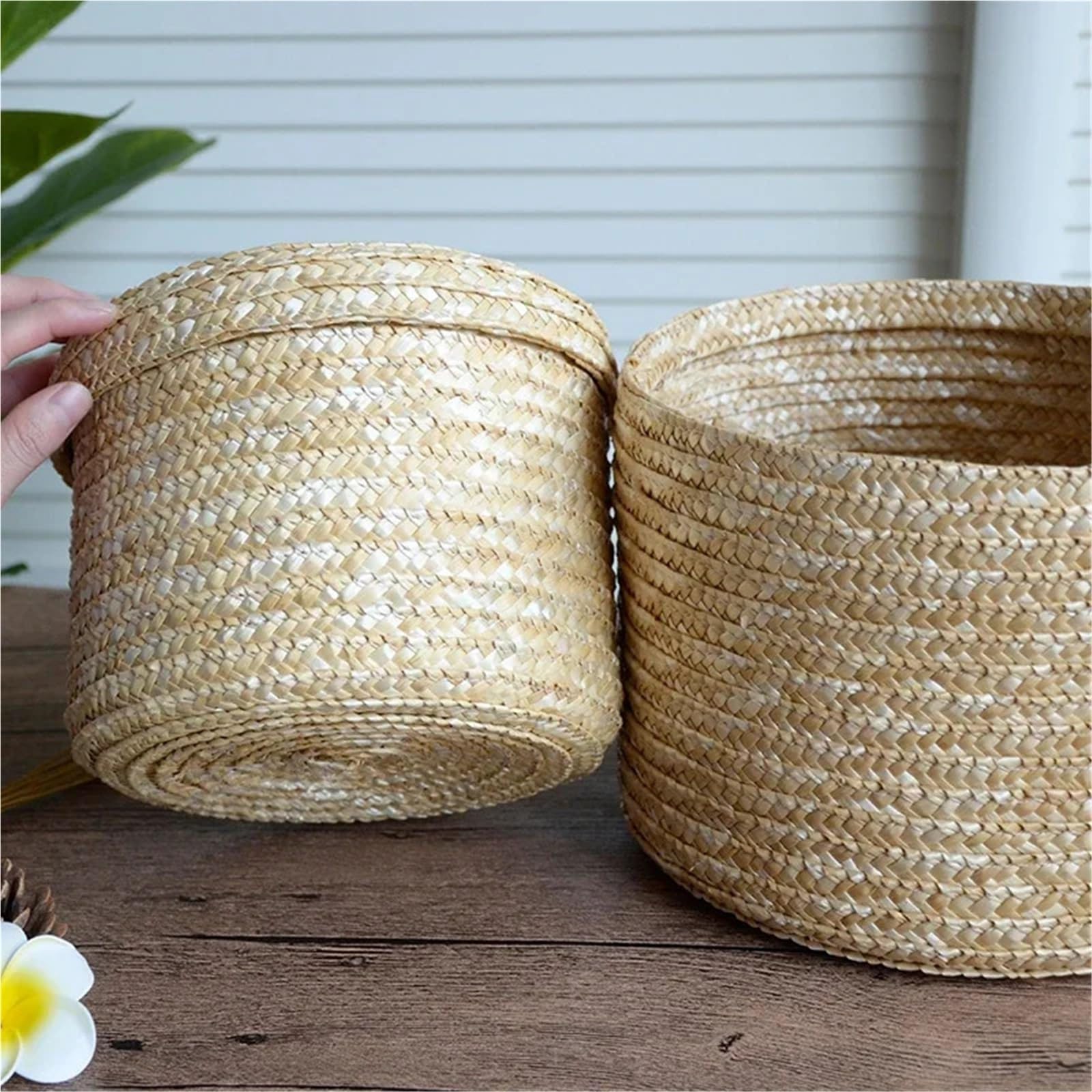 MRKU Cesto portabiancheria Pieghevole, Contenitore per la casa in Paglia Intrecciata con coperchi, Scatola per Snack in Rattan, Contenitore Multiuso e Giocattolo, Scatola Pieghevole