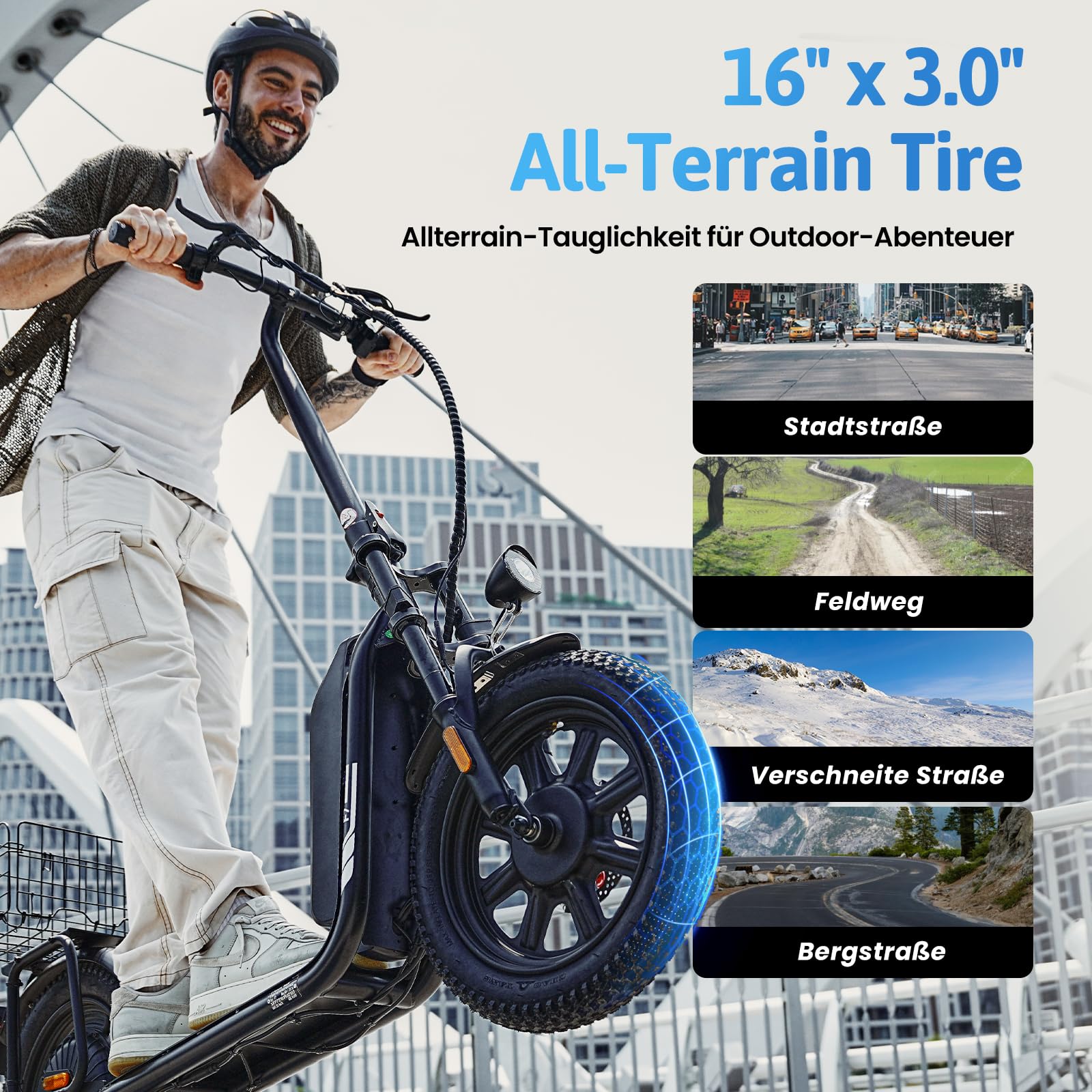 iScooter E Scooter mit Straßenzulassung für Erwachsene mit 16*3 Zoll Fat Winterreifen, 70-80km Reichweite ABE Faltbarer Elektroroller, Herausnehmbarer Akku, Korb, Stoßdämpfung, 150 kg Tragkraft, App