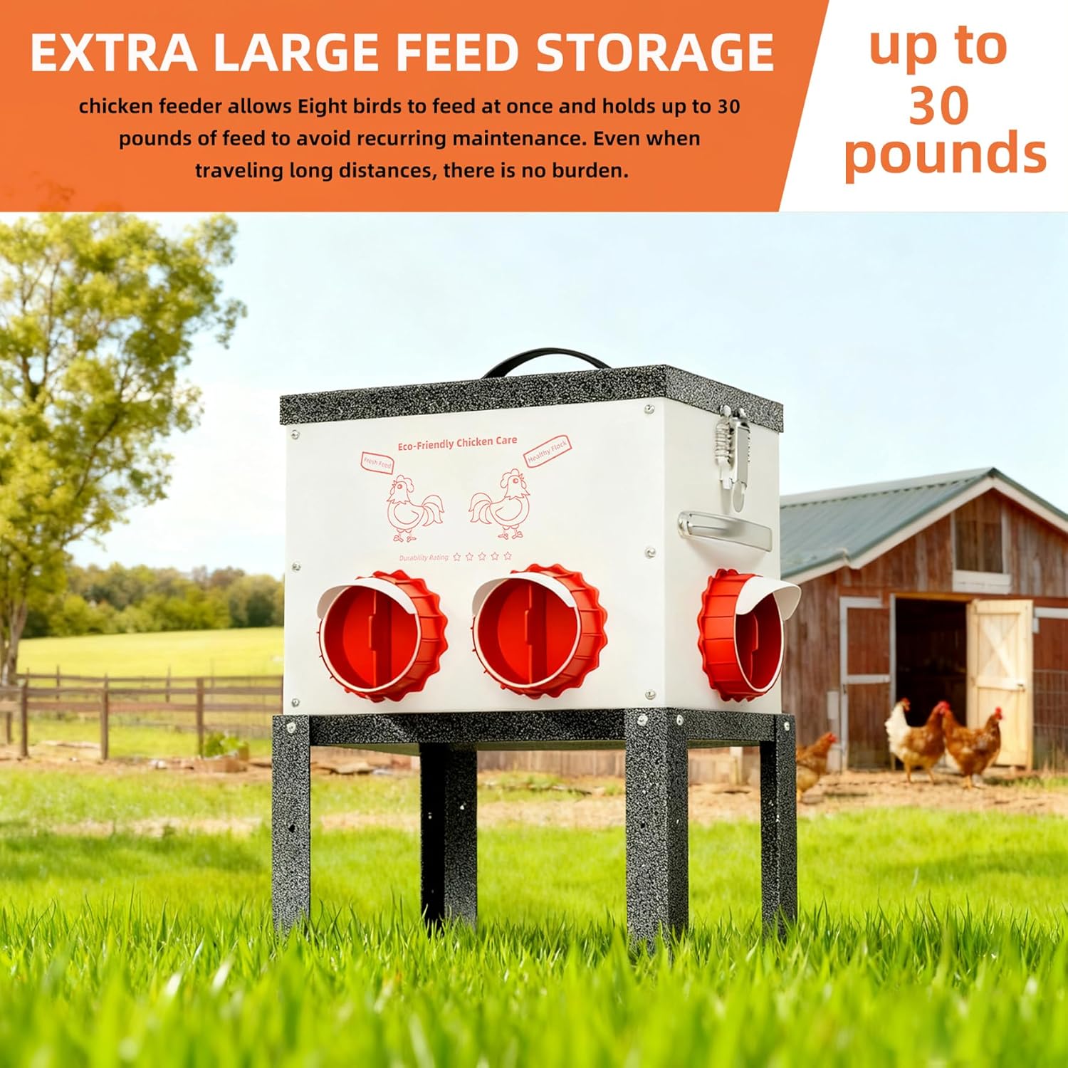 Automatic Chicken Feeder No Waste 35 Pounds 6 Ports Metal Poultry Feeder with Latch & Handle Adjustable Height Heavy-Duty Stand - Outdoor Feeding Station for Chickens, Ducks & Geese