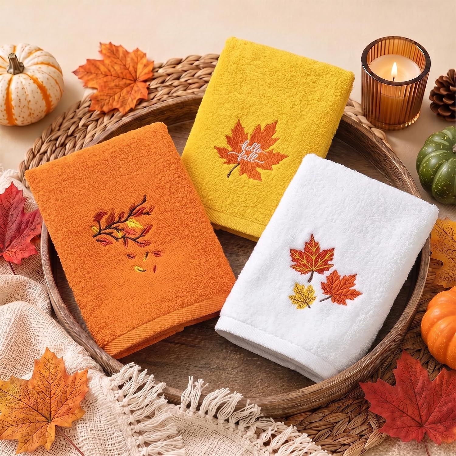Fall Fall Hand Towels, 3 Pack Cotton, 14x29 Inch, Maple Leaf Orange