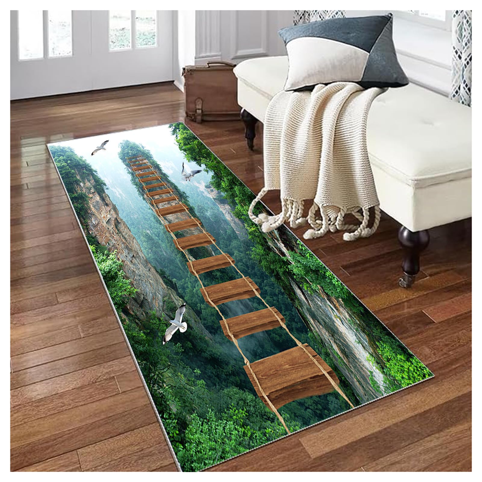 3D Illusion Teppich Läufer Flur Grün 60x300 cm rutschfest Waschbar Küchenteppich Lang Flurläufer Meterware Für Korridor Eingangsbereich Schlafzimmer Wohnzimmer Teppichmatten Anpassbar