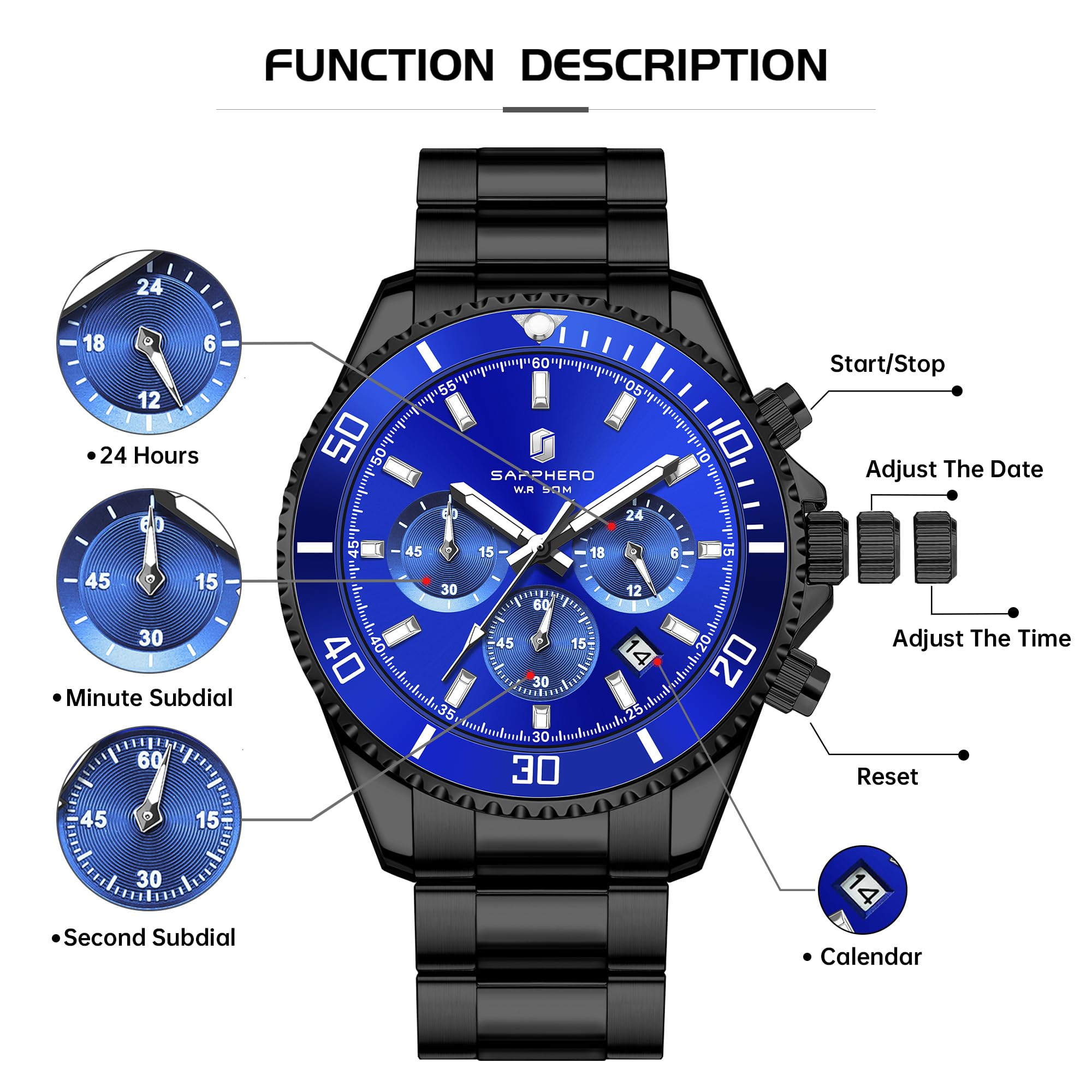 SAPPHERO Orologio Uomo Analogico Al Quarzo Cronografo 50M Impermeabile Moda Sportivo Elegante Classico Orologio da Polso Uomo Cinturino in Acciaio Regalo per Uomo