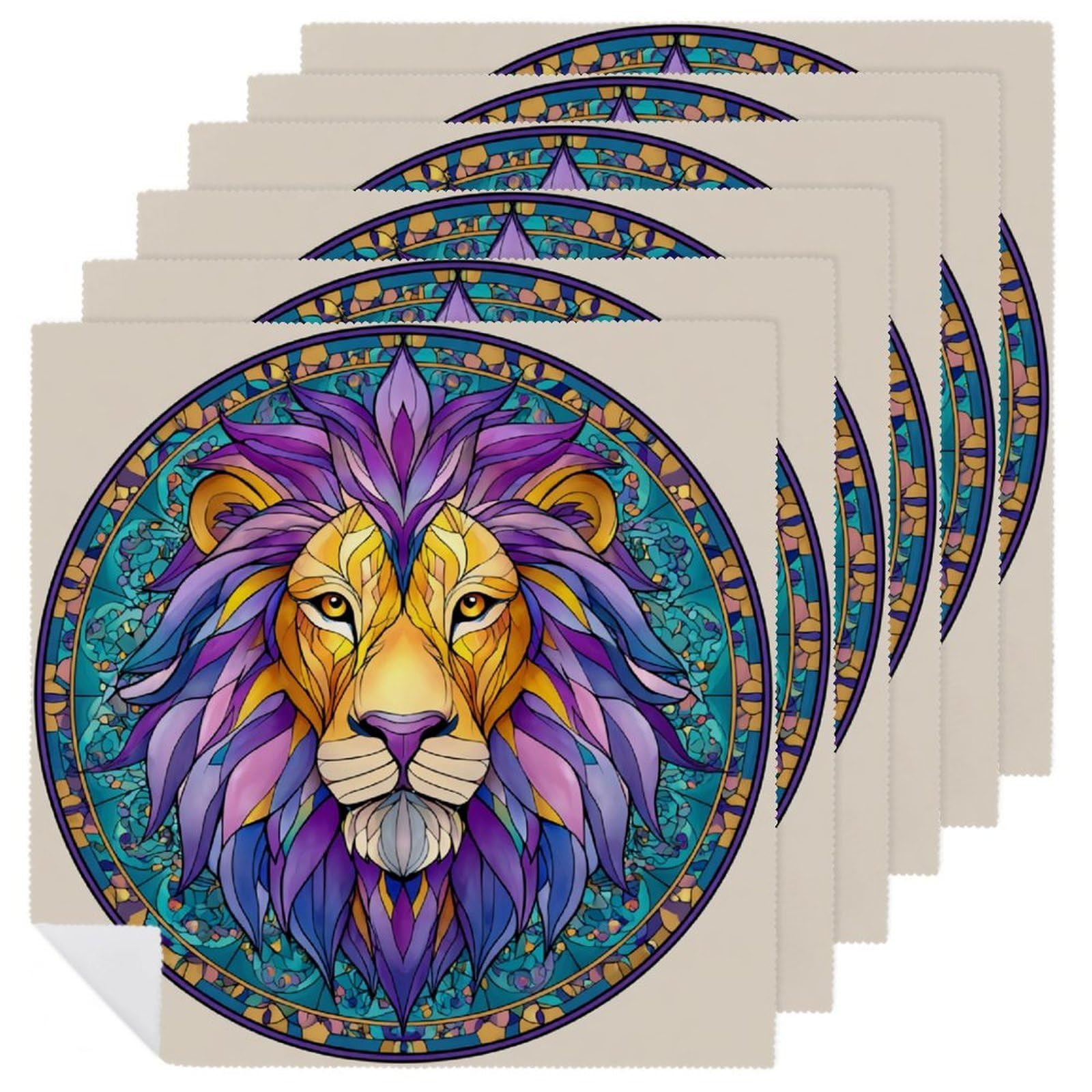 Mandala Style Lion Face Cloth Napkins Set of 6, Square Premium Reusable Washable Polyester Table Linen Napkin for Dinner Party