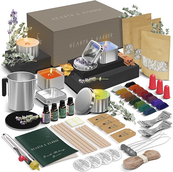 Hearth & Harbor Organic Soy Candle Making Kit for Adults, DIY Crafts, Complete Candle Making Supplies Include Natural Soy Wax, Tins, Scents, Dyes, Wicks & More Gift Idea, Perfect Home Decor 2 Lbs