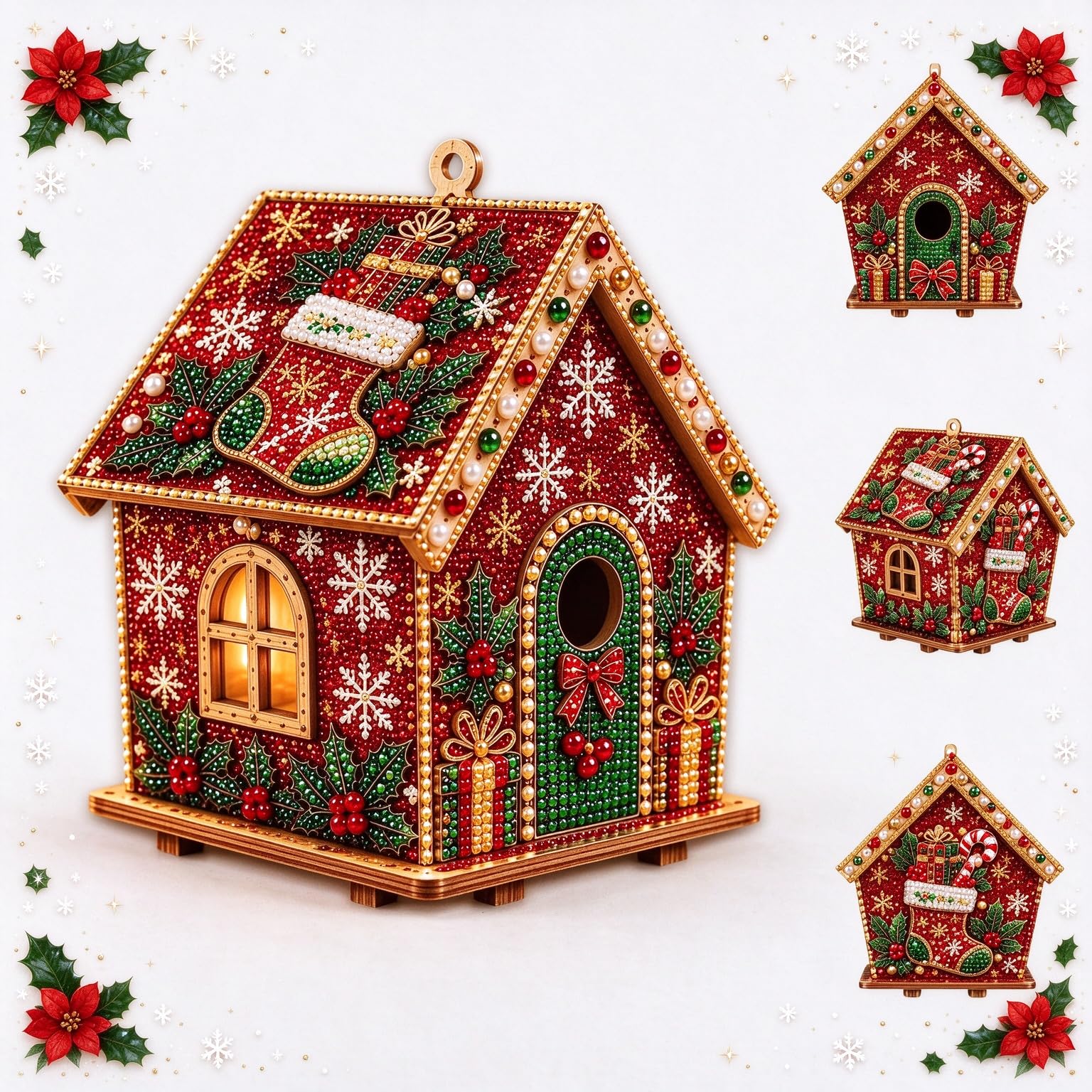 KIAMIOAMDA 3D Christmas Pearl Diamond Kit Wooden House,Xmas Diamond Painting Kits for Adult,DIY Handmade Four-Sided Christmas Miniature House Ornaments for Beginner,Tabletop & Hanging(Red) — image 1