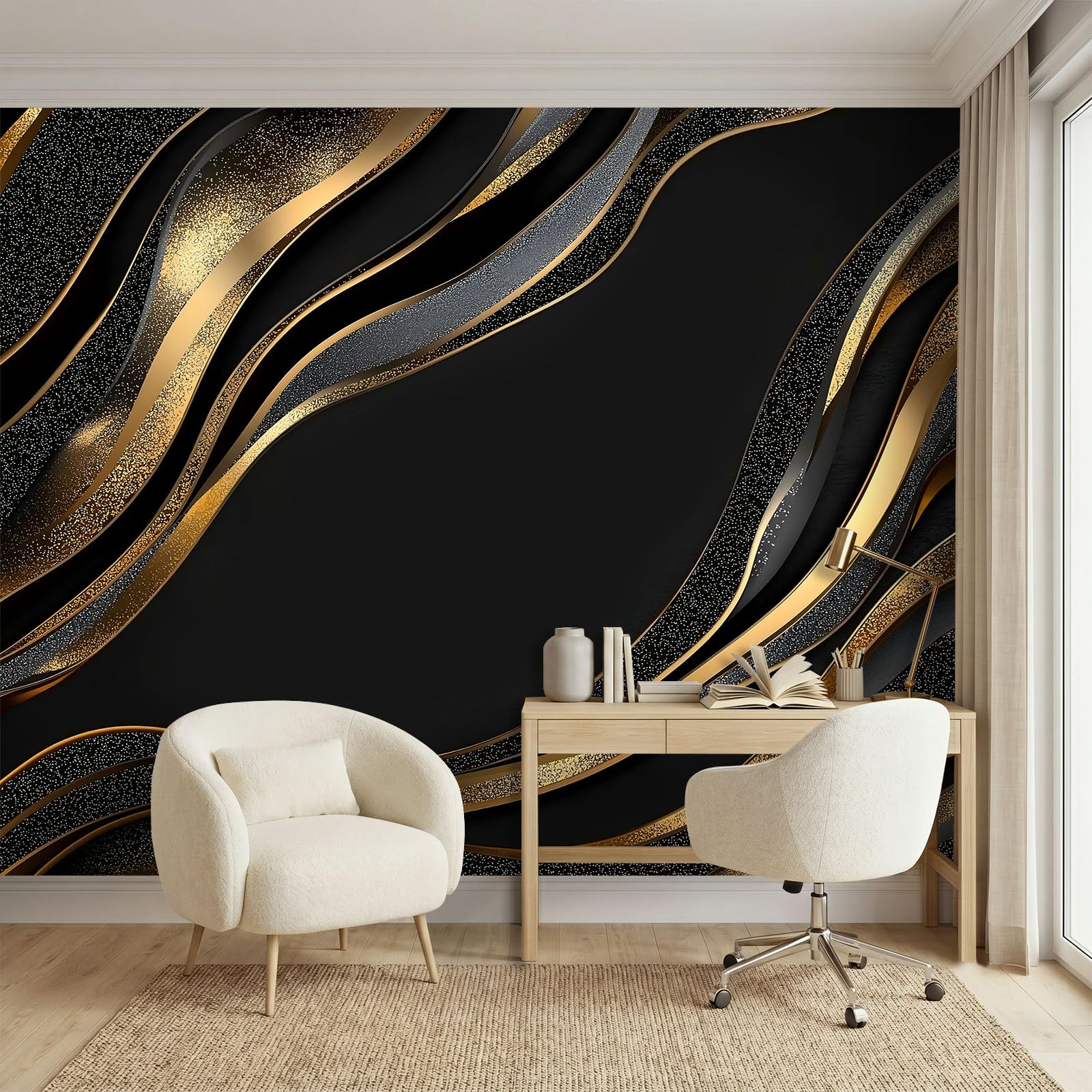 Fototapete 3D EFFEKT Vliestapete mit Geruch Freiheit Luxus Marmor Textur 350 x 256 cm für Wohnzimmer Schlafzimmer Kinderzimmer Flur Modern Vlies Tapete Wandtapete Motivtapeten Schwarz Gold