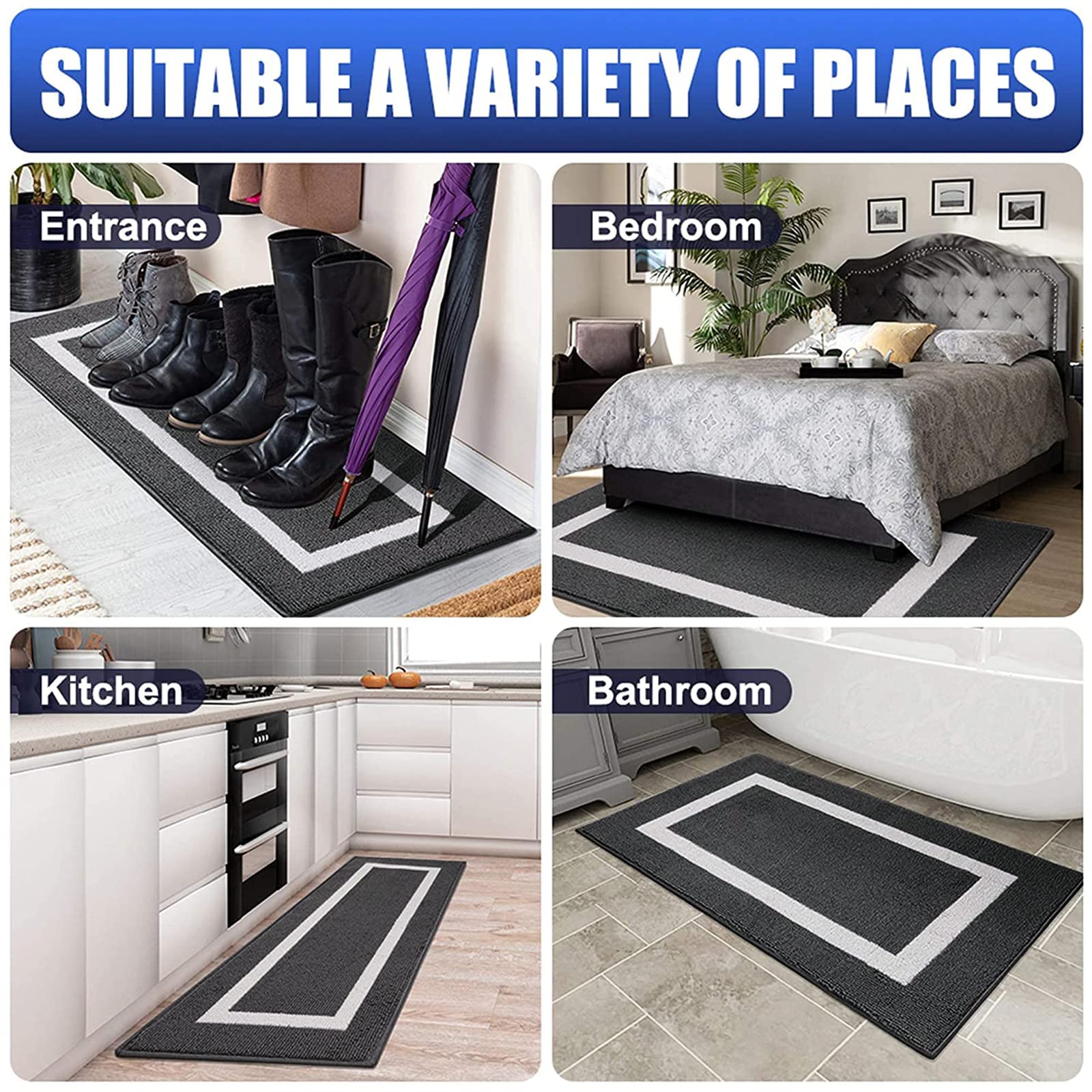 OLANLY Indoor Door Mat, 20x59, Non-Slip Absorbent Resist Dirt Entrance Rug, Machine Washable Low-Profile Inside Entry Door Rugs for Entryway, Black