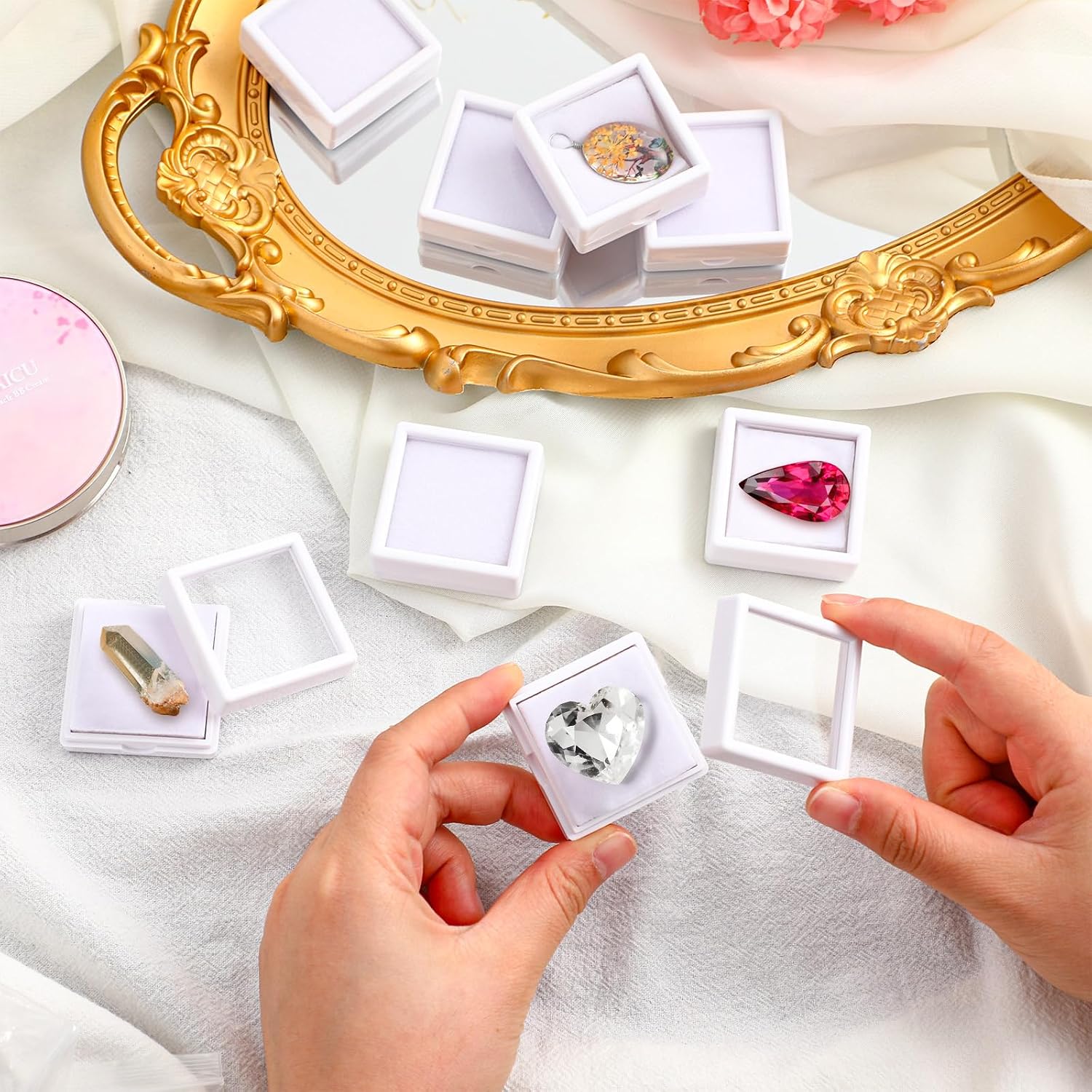 Kigley 60 Pcs Gemstone Display Box Jewelry Box Container with Clear Top Lids Bulk 1.57'' x 0.6'' for Gems Diamond Coins Gift Packing Ring Home Shop (White)