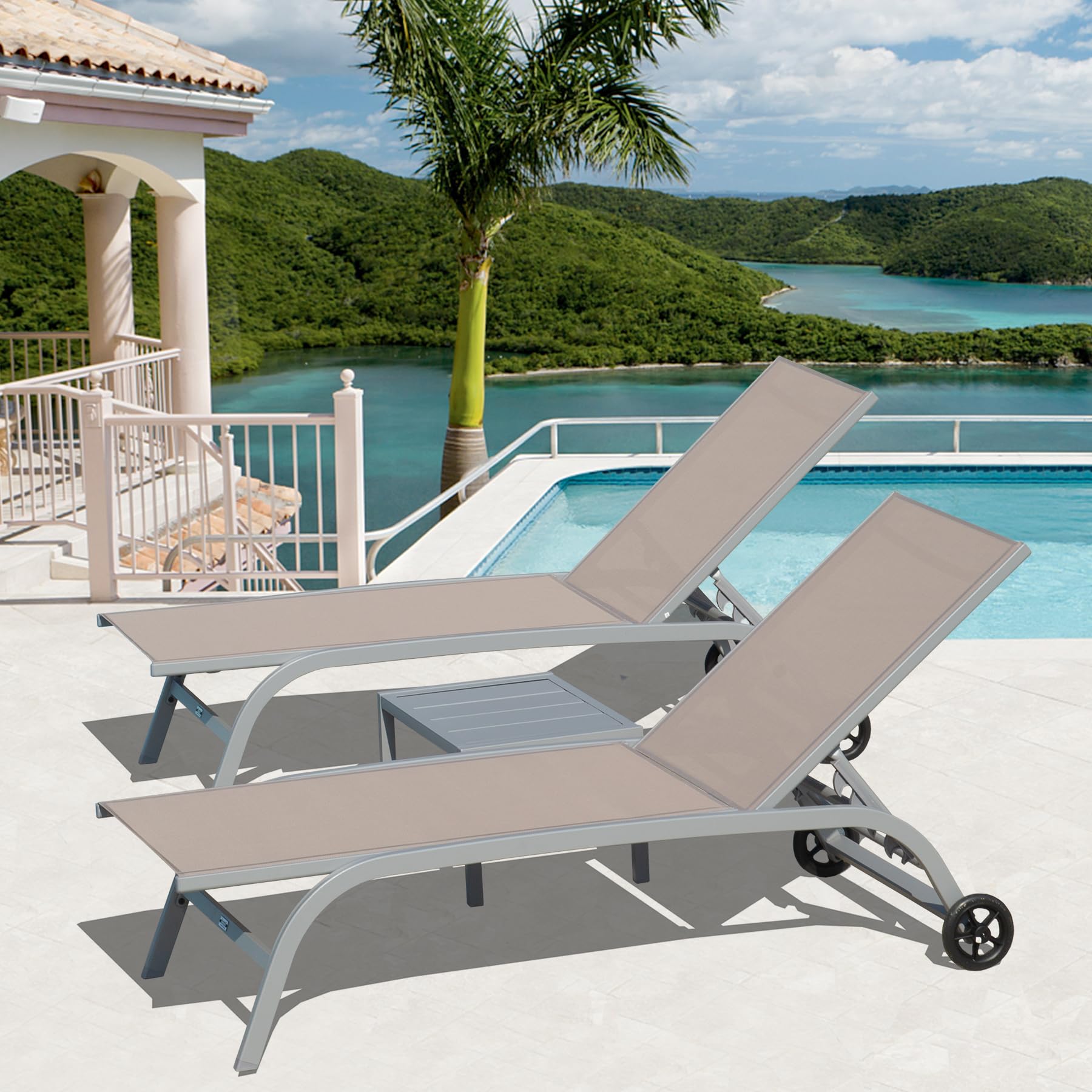 Domi Pool Lounge Chairs Set of 3, Adjustable Aluminum Outdoor Chaise Lounge with Wheels Patio Lounge Chairs with Side Table, All Weather for Deck Lawn
