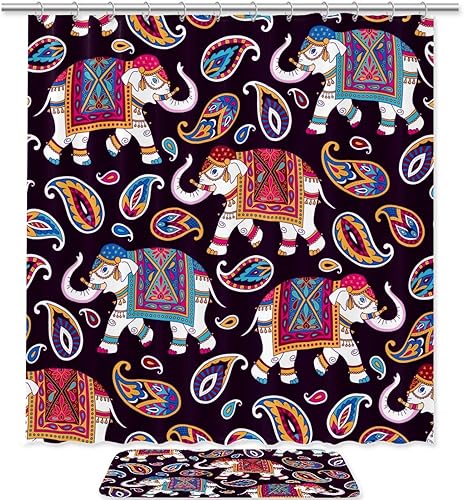 Juego de cortina de ducha y tapete de poliéster con diseño de elefante indio impermeable juego de cortina de baño y alfombra con ganchos 708 x 708