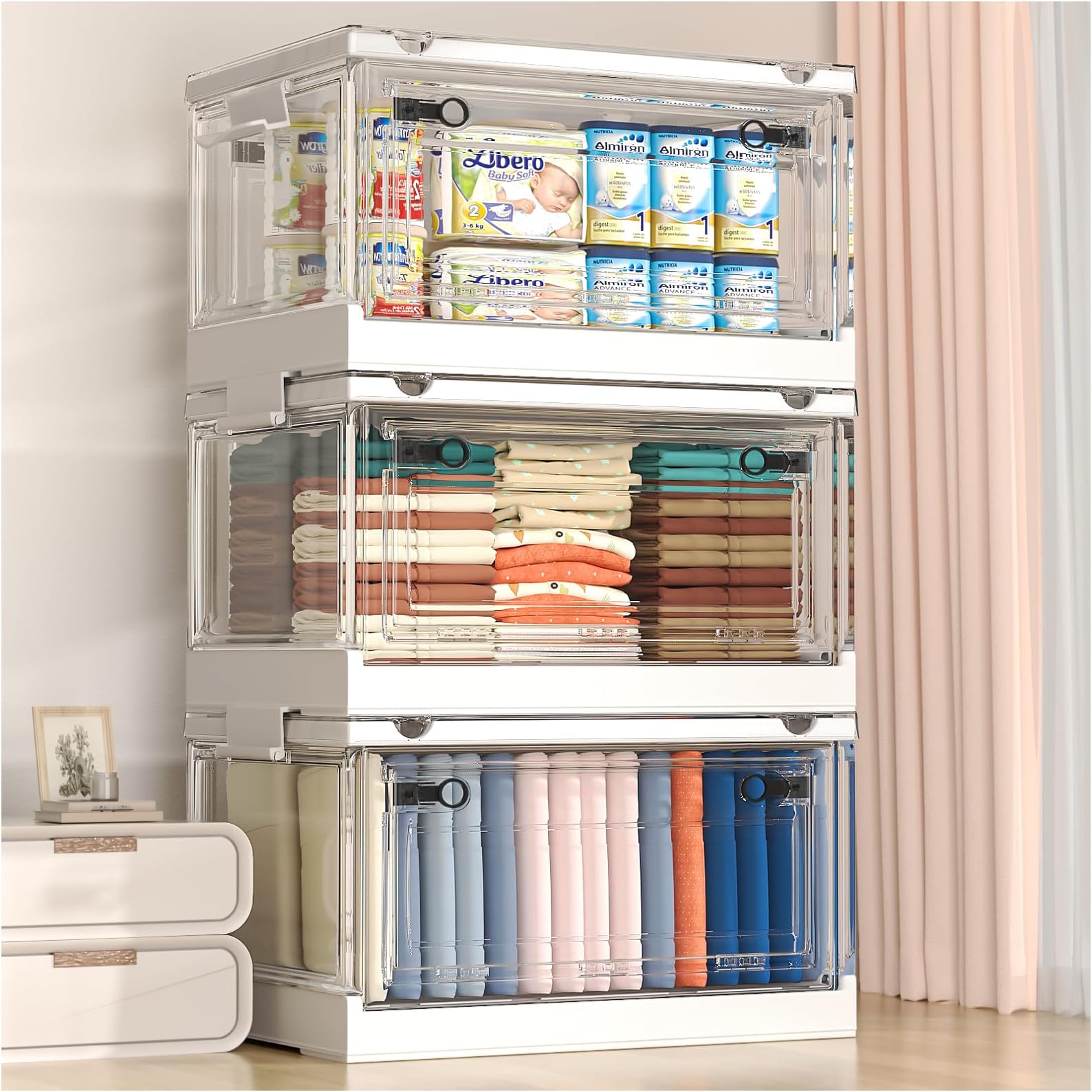 CTSNSLH 228Qt Plastic Storage Bins with Lids, 3 Tier Storage Box with Wheels and Doors, Stackable Storage Bins, Clear Storage Containers, Closet Organizers and Storage for Home, Dorm