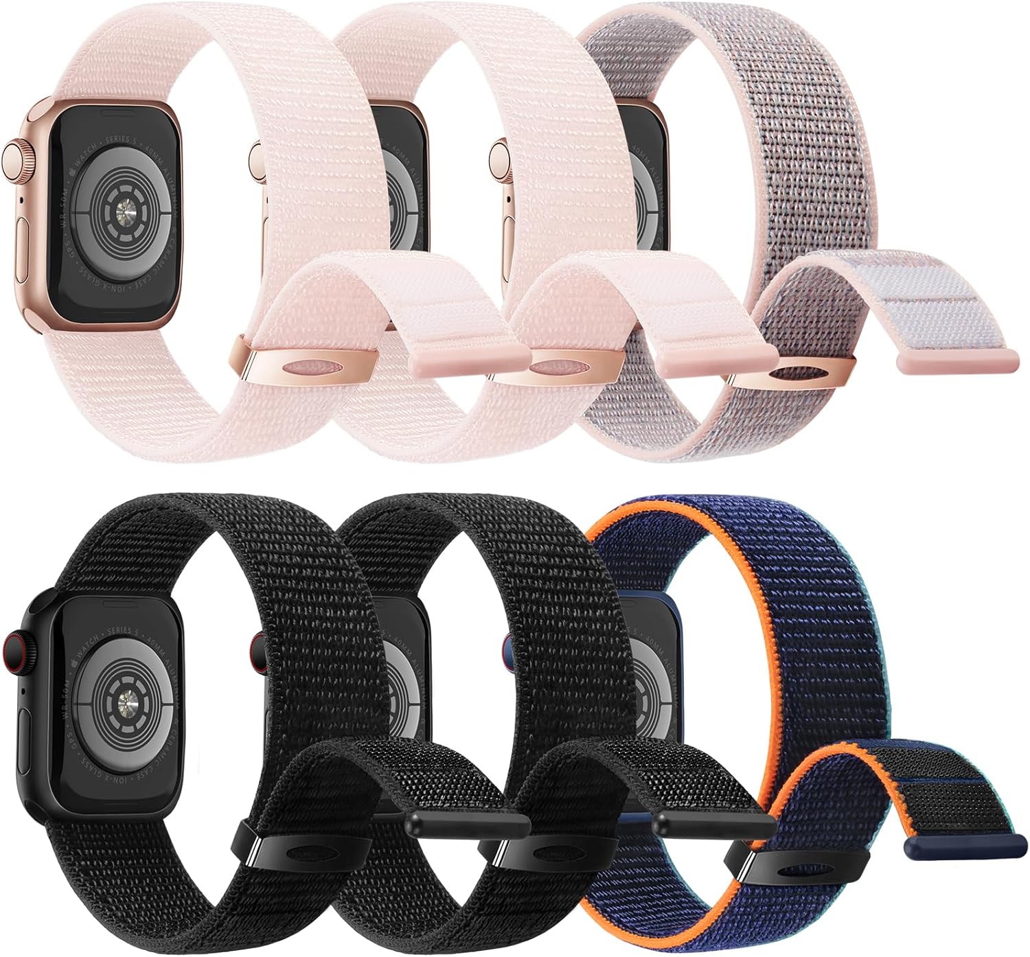 6 Pack Sport Nylon Loop Band Compatible with Apple Watch Bands 38mm 40mm 41mm 42mm 44mm 45mm 46mm 49mm for Women Men, Adjustable Breathable Braided Straps for iWatch Series 10/9/8/7/6/5/4/3/SE/Ultra (38/40/41mm/42mm(Series 10) Black/Black/Pink Sand/Pink Sand/Pearl Pink/Dark Navy Blue) Thumbnail