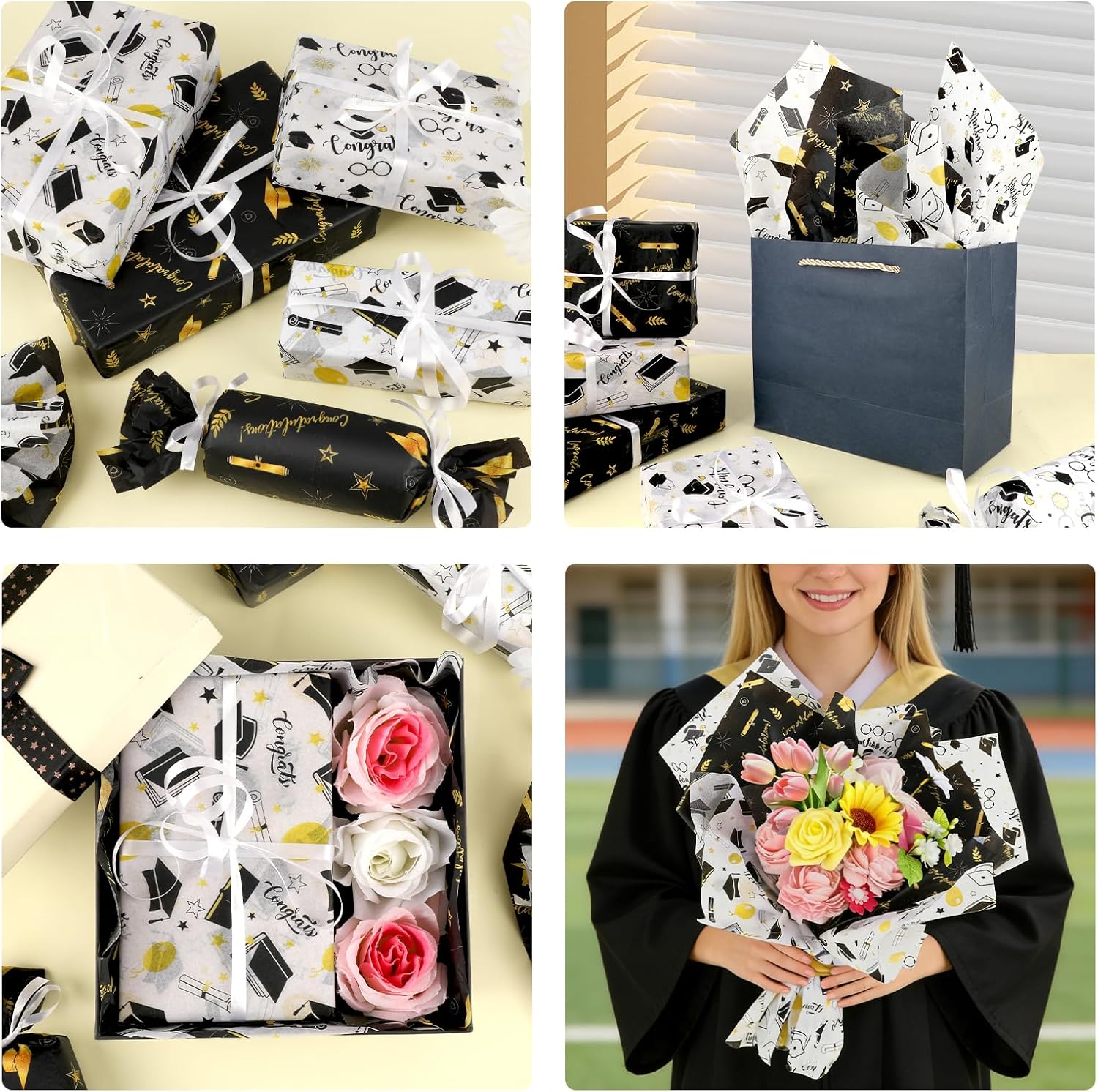 Konsait 75 Sheets Graduation Tissue Wrapping Paper, Black and Gold Tissue Paper for Gift Bags Grad Congrats Decorative Wrapping Papers Craft Supplies 19.7''×13.8''