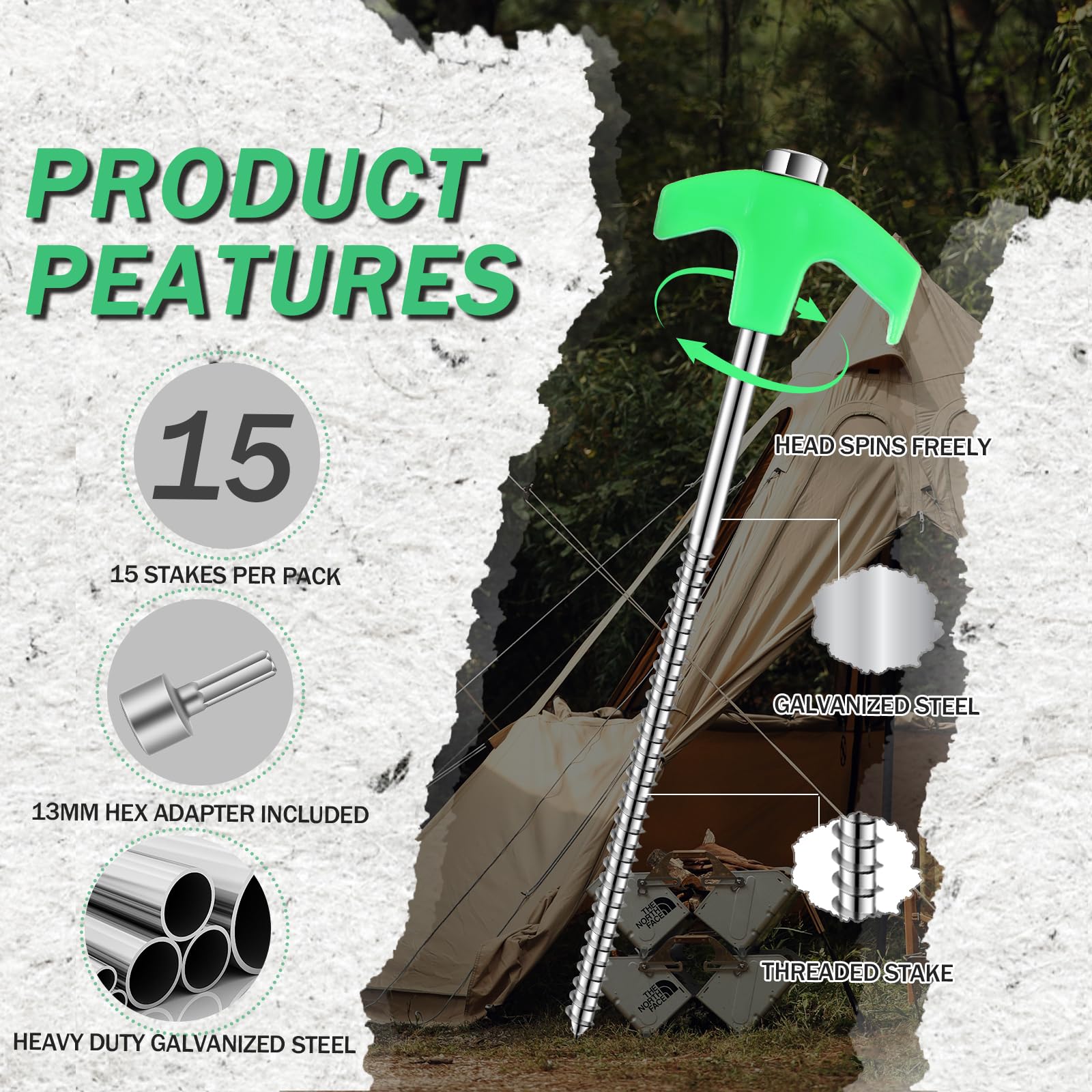 LOZAGU 15-Pack Screw in Tent Stakes Heavy Duty, 8”Drill in Style Ground Anchor Pegs with Hex Nut Driver.