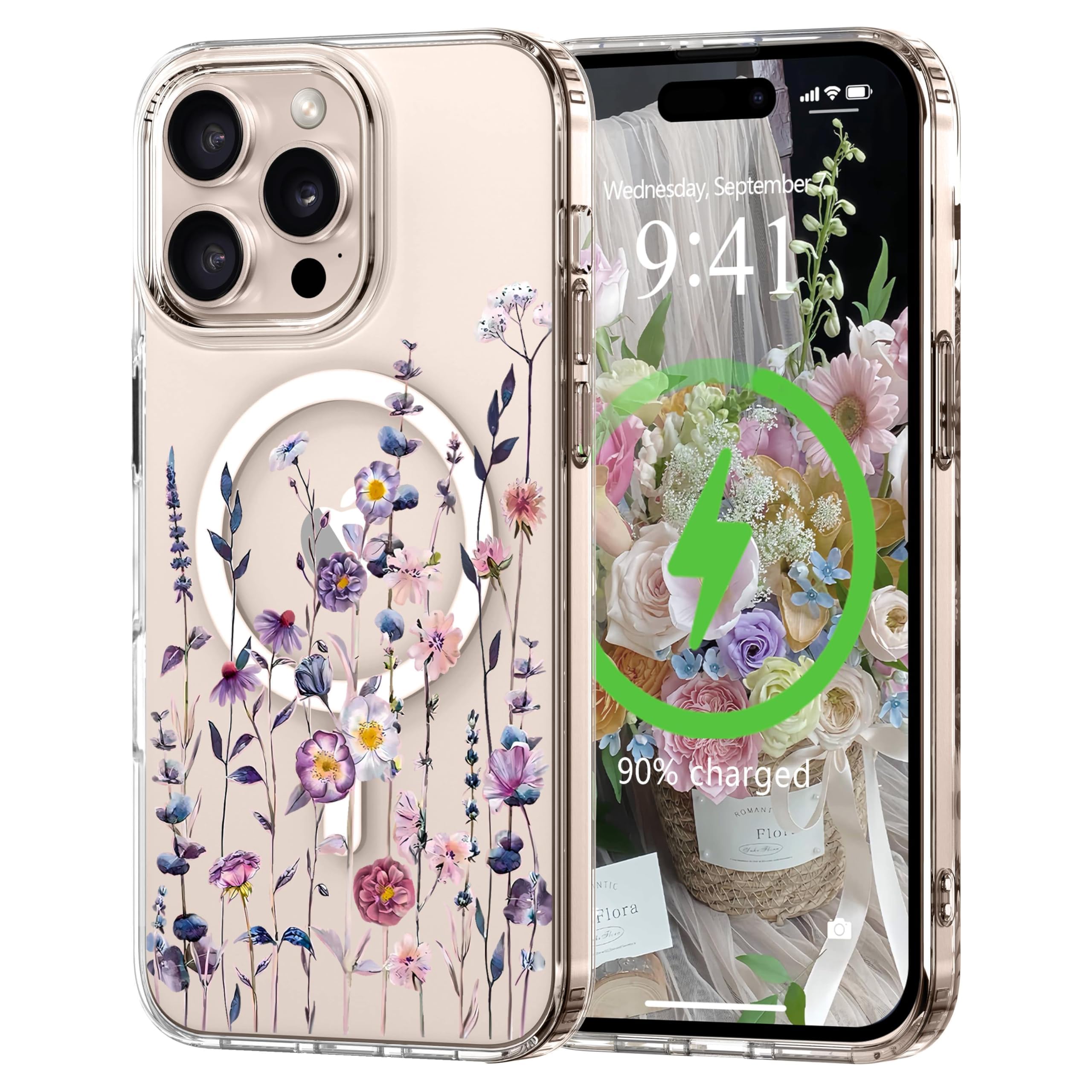 L-FADNUT for iPhone 14 Pro Max Case [Compatible with Magsafe], Cute Flower Girls Women Clear Case Silicone Shockproof Protective Cover with Pretty